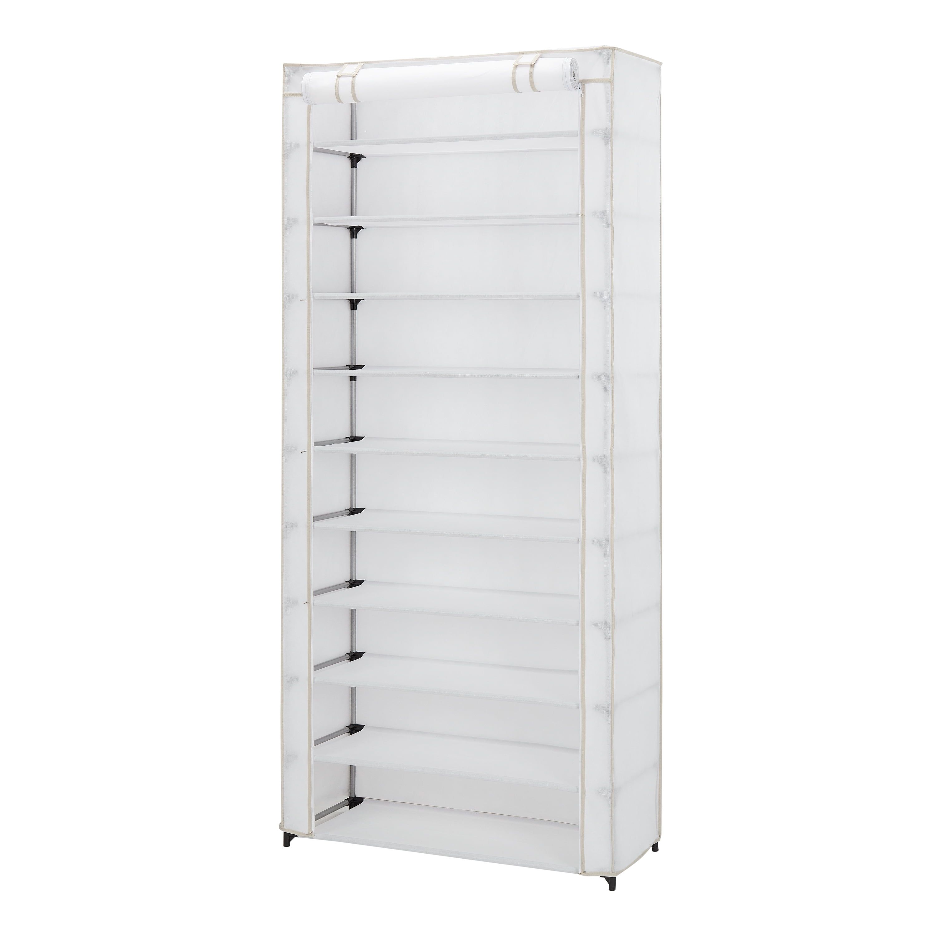 White Fabric and Metal 10-Shelf Organizer Shoe Rack