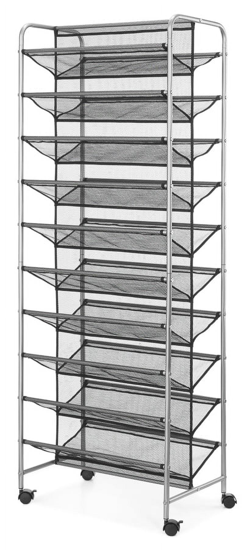 Silver 10-Tier Metal and Mesh Rolling Shoe Rack