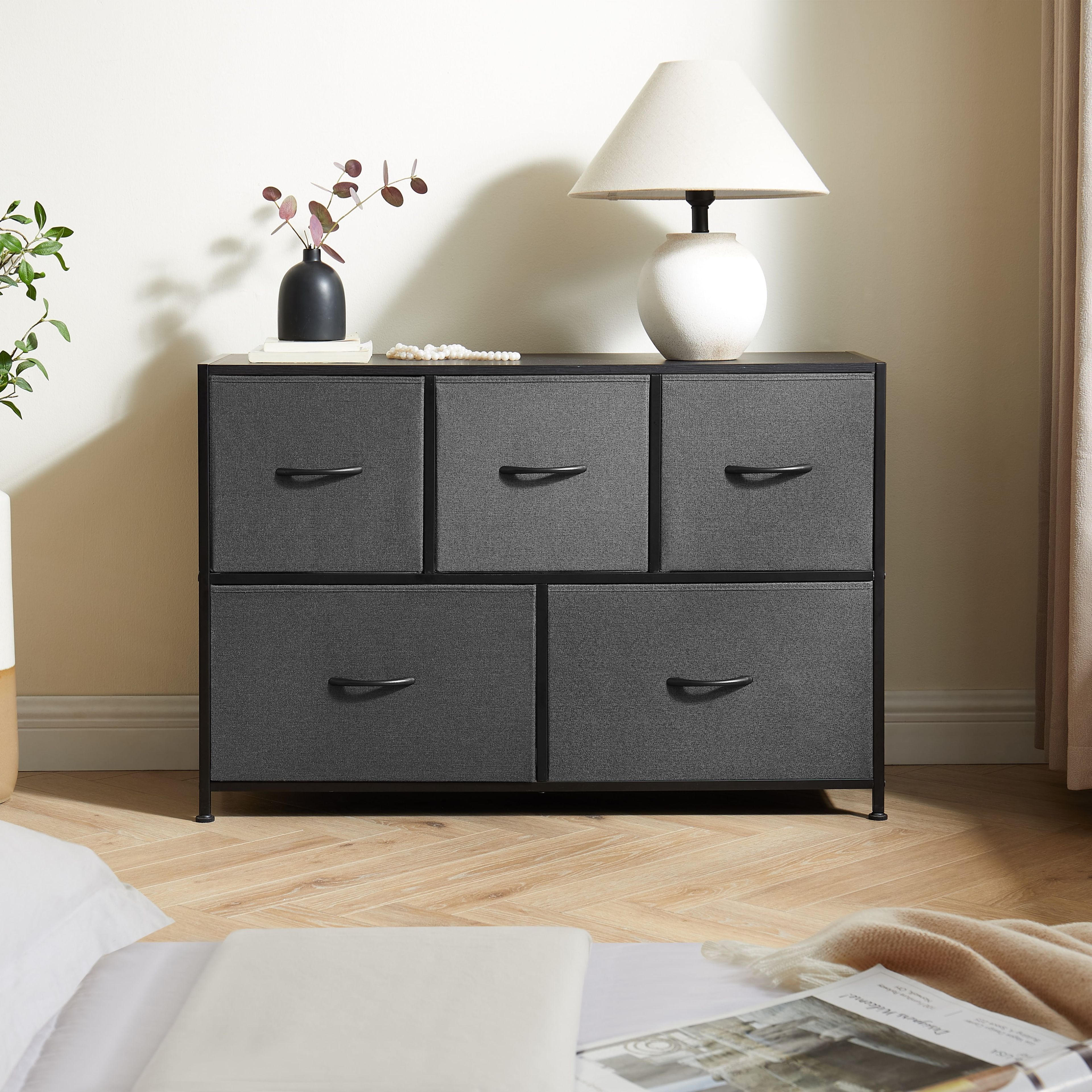 Gray 5-Drawer Fabric Storage Dresser with Black Hardware