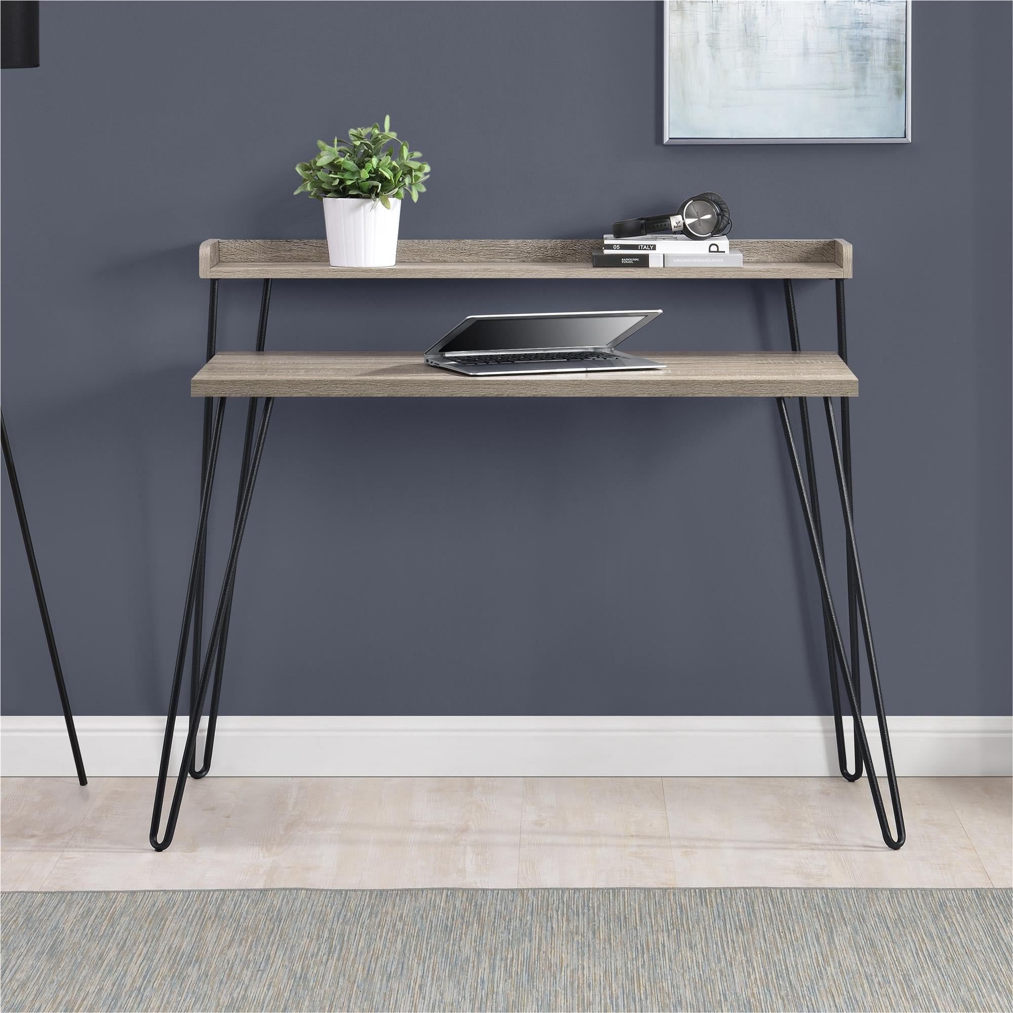 Distressed Gray Oak Computer Desk with Hairpin Legs and Riser