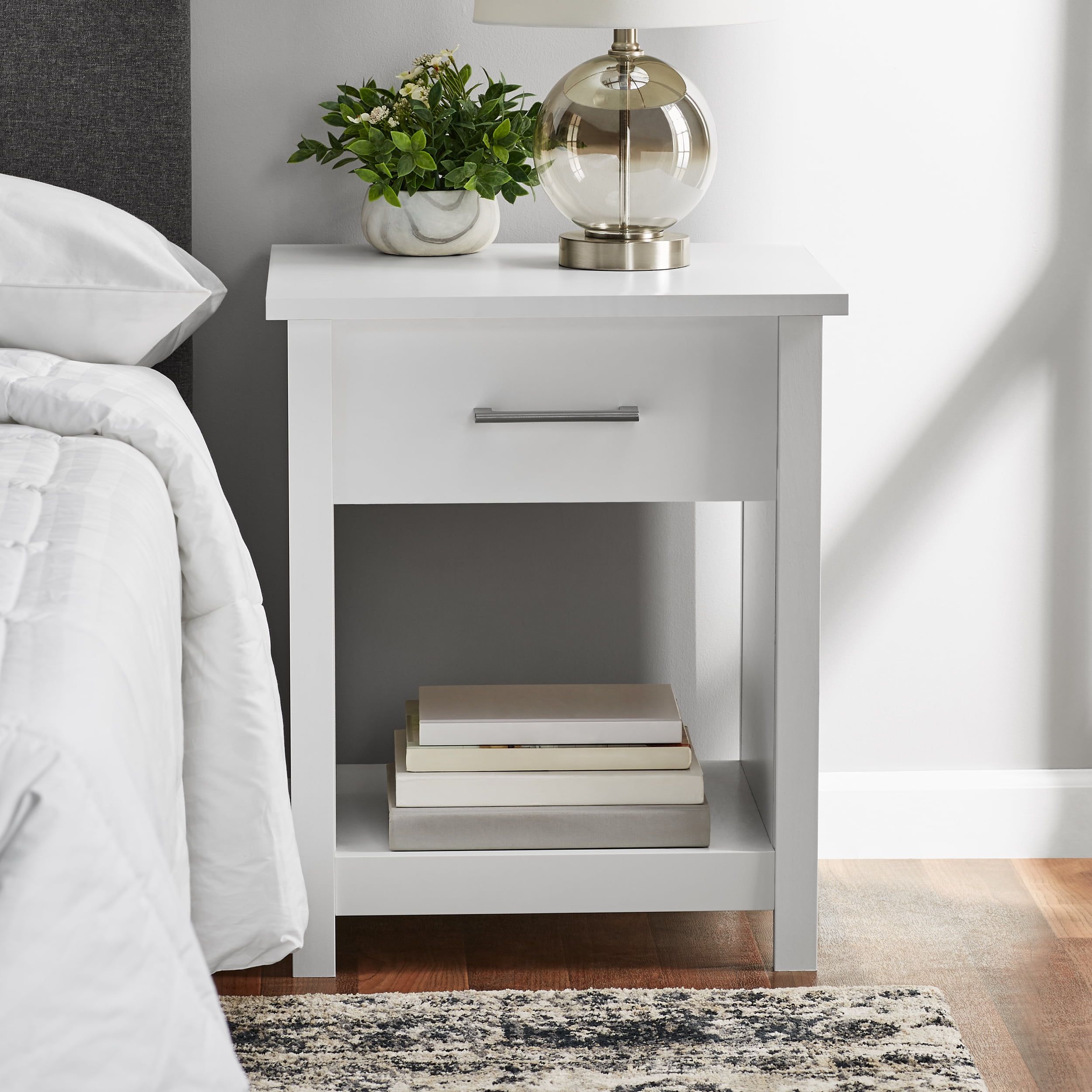 White 1-Drawer Nightstand with Open Storage