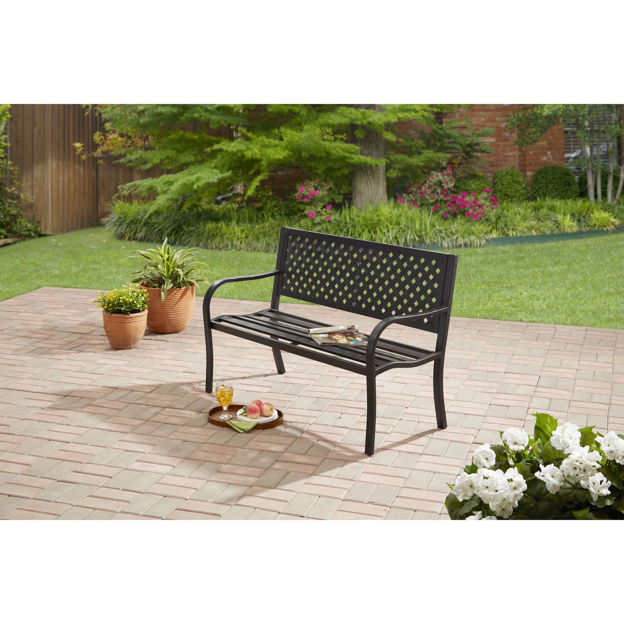 Black Steel Outdoor Bench with Lattice High Back and Slatted Seat