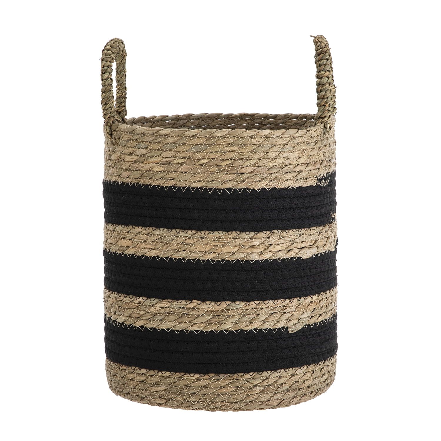 Handwoven Natural and Black Seagrass Round Storage Basket