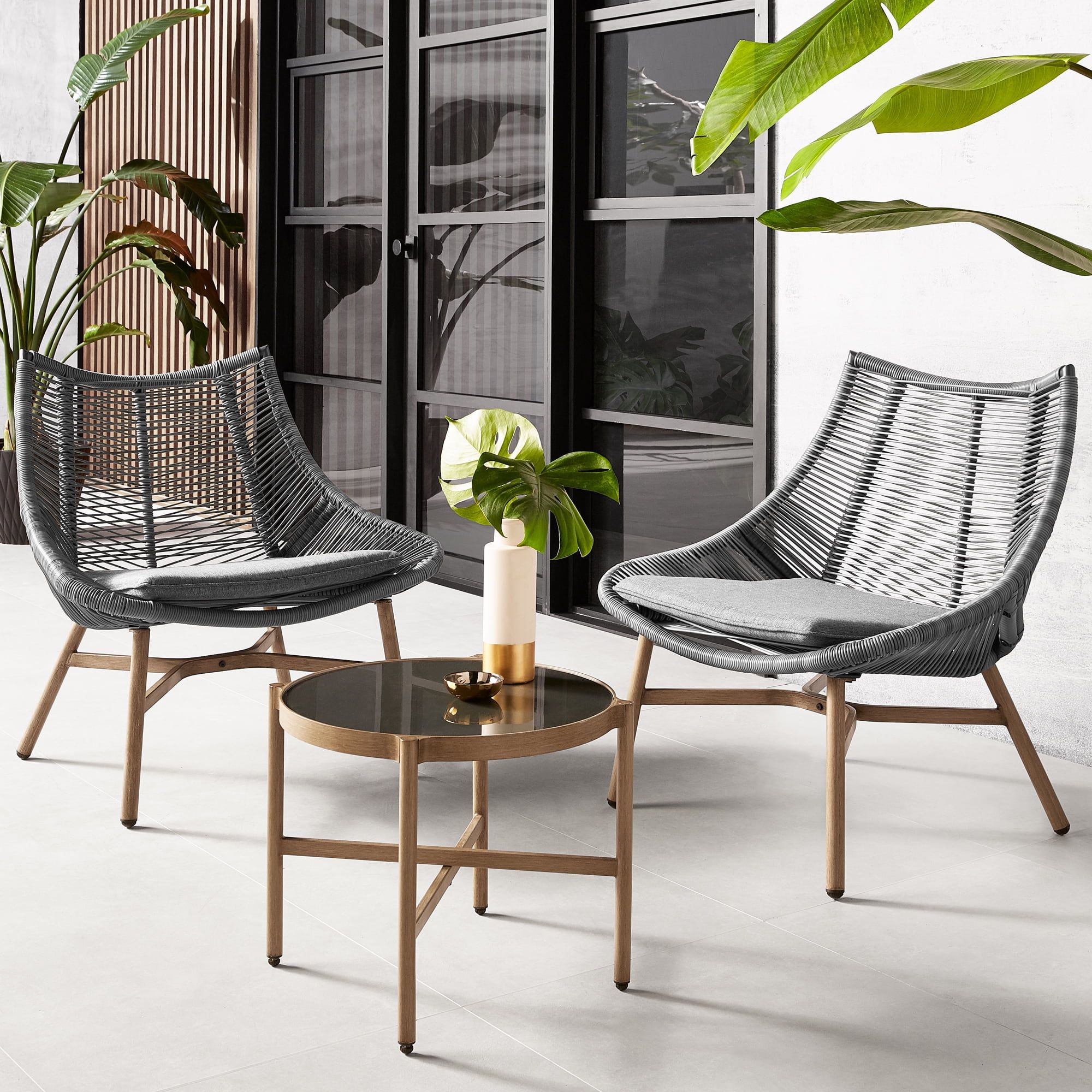 Skyler Gray Wicker and Steel 3-Piece Outdoor Chat Set