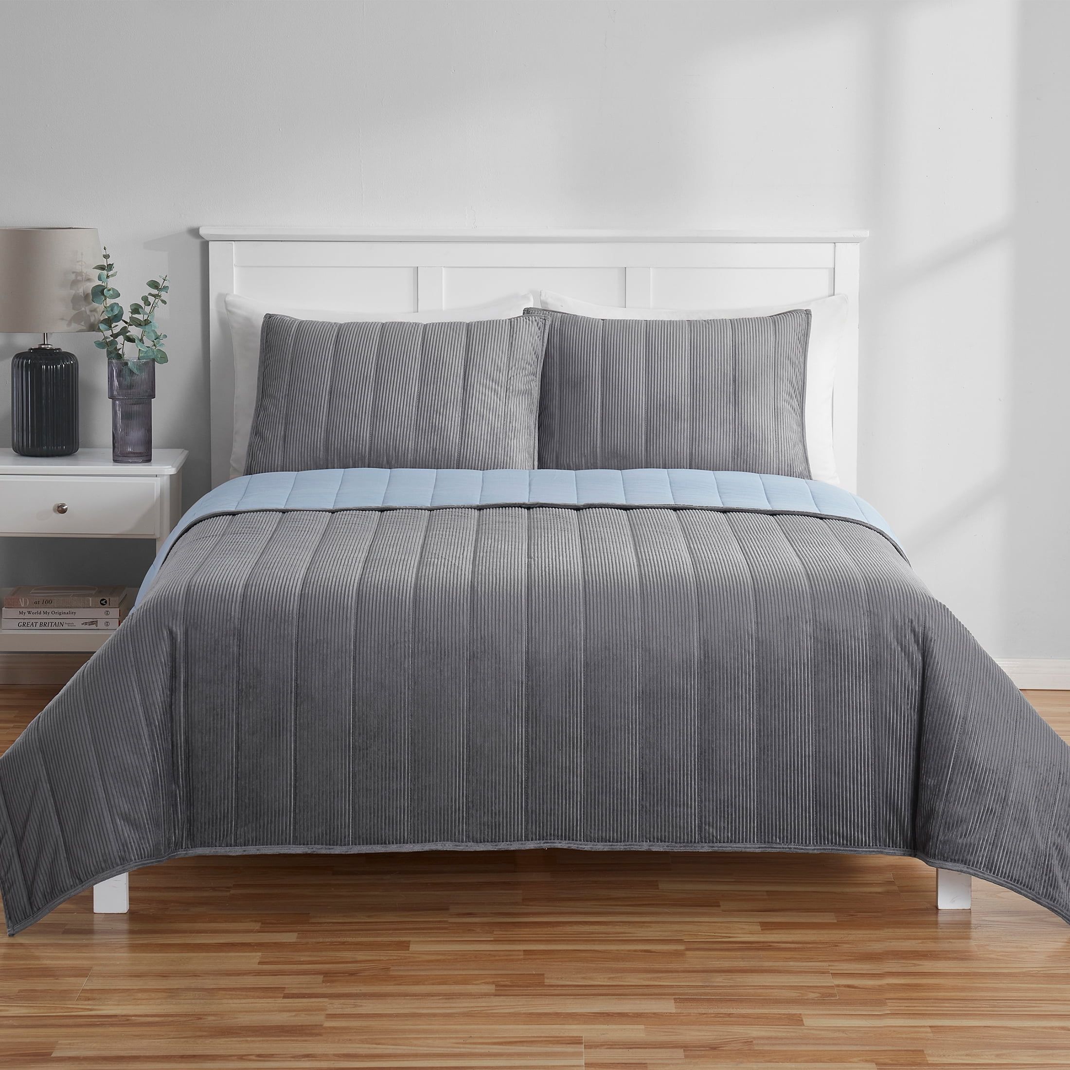 King Size Gray Reversible Microfiber Corduroy Quilt