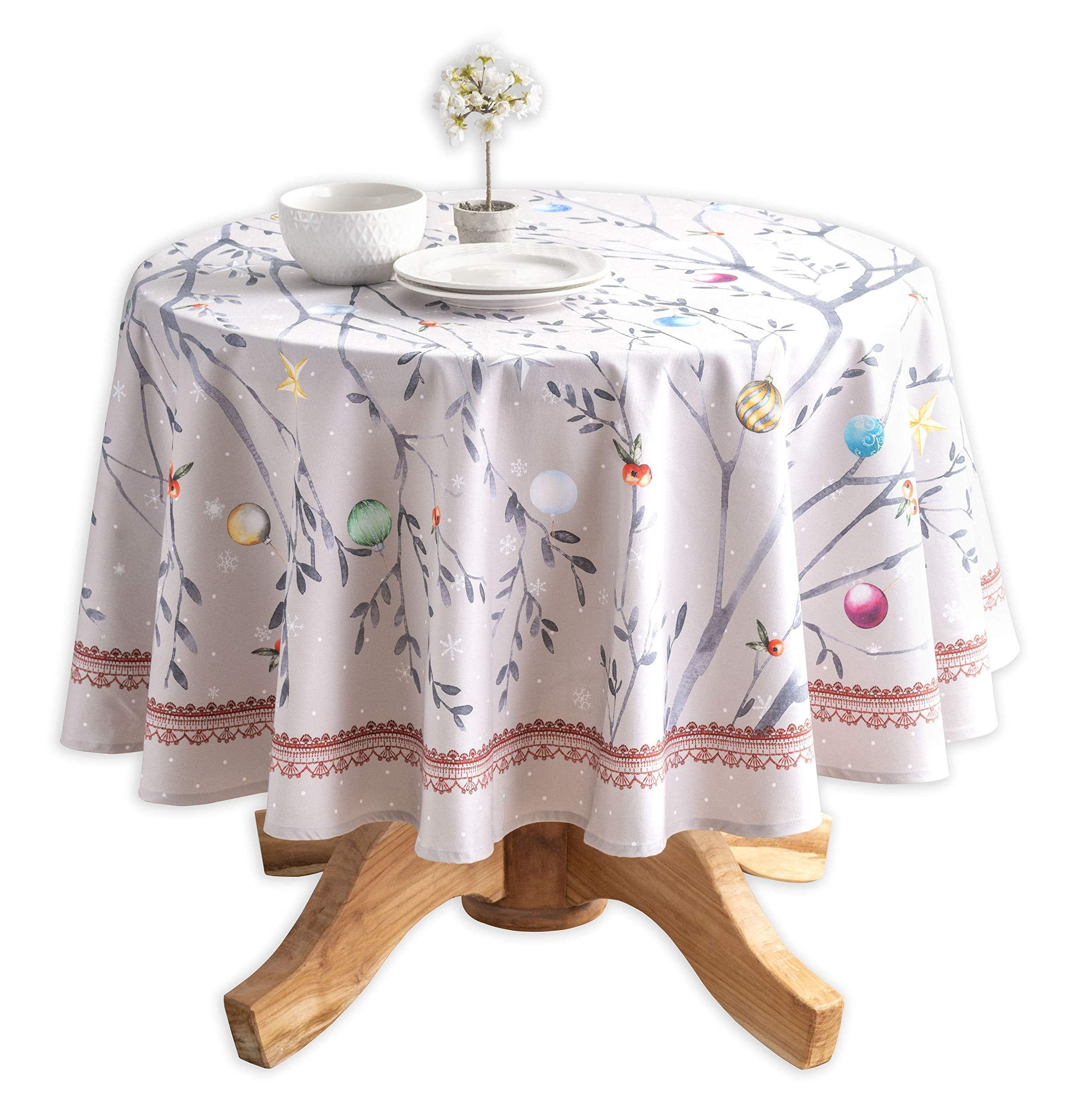 Fairy Christmas Round Cotton Tablecloth with Winter Motifs, 63 Inch