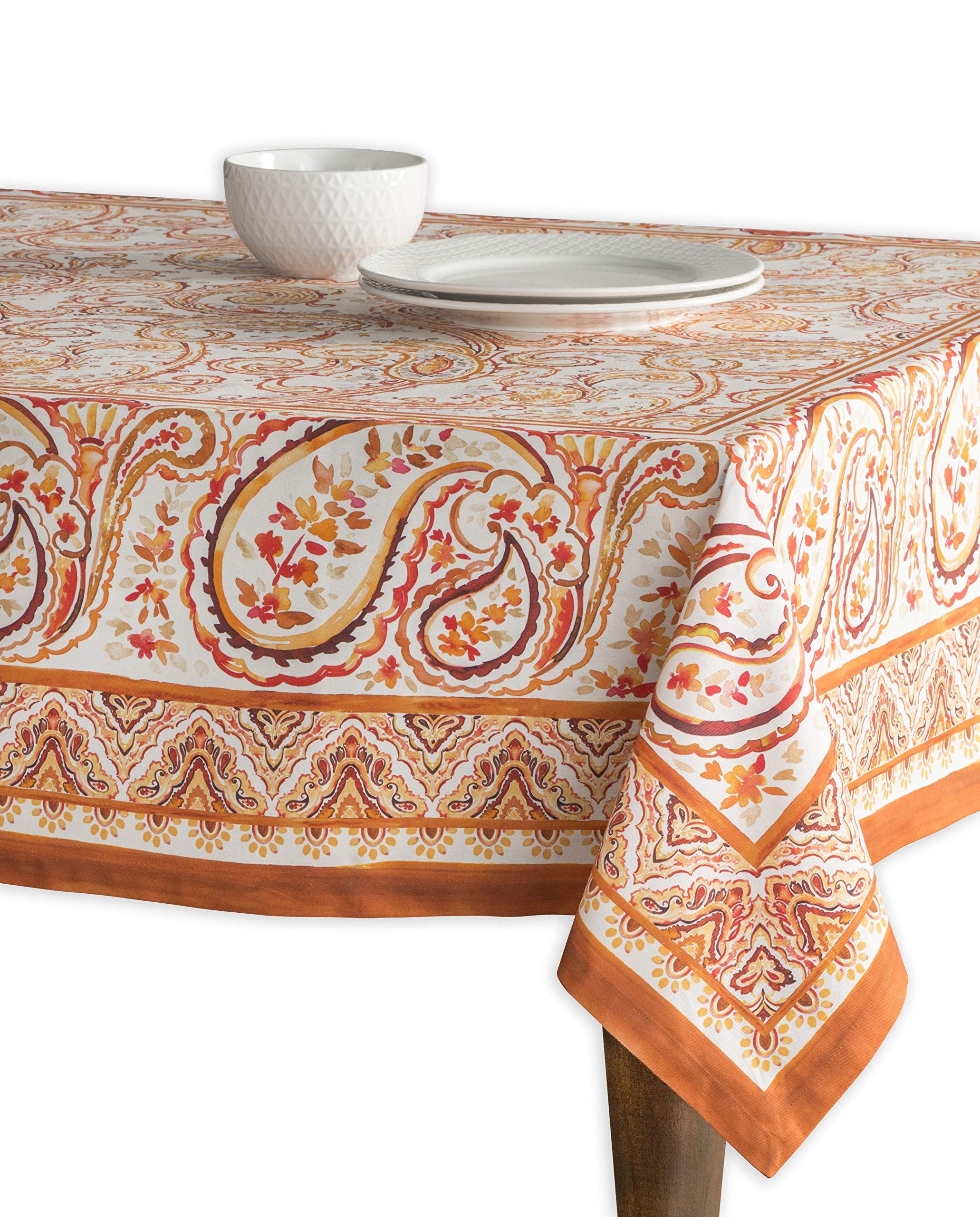 Palatial Paisley 100% Cotton Square Tablecloth in Orange and Beige