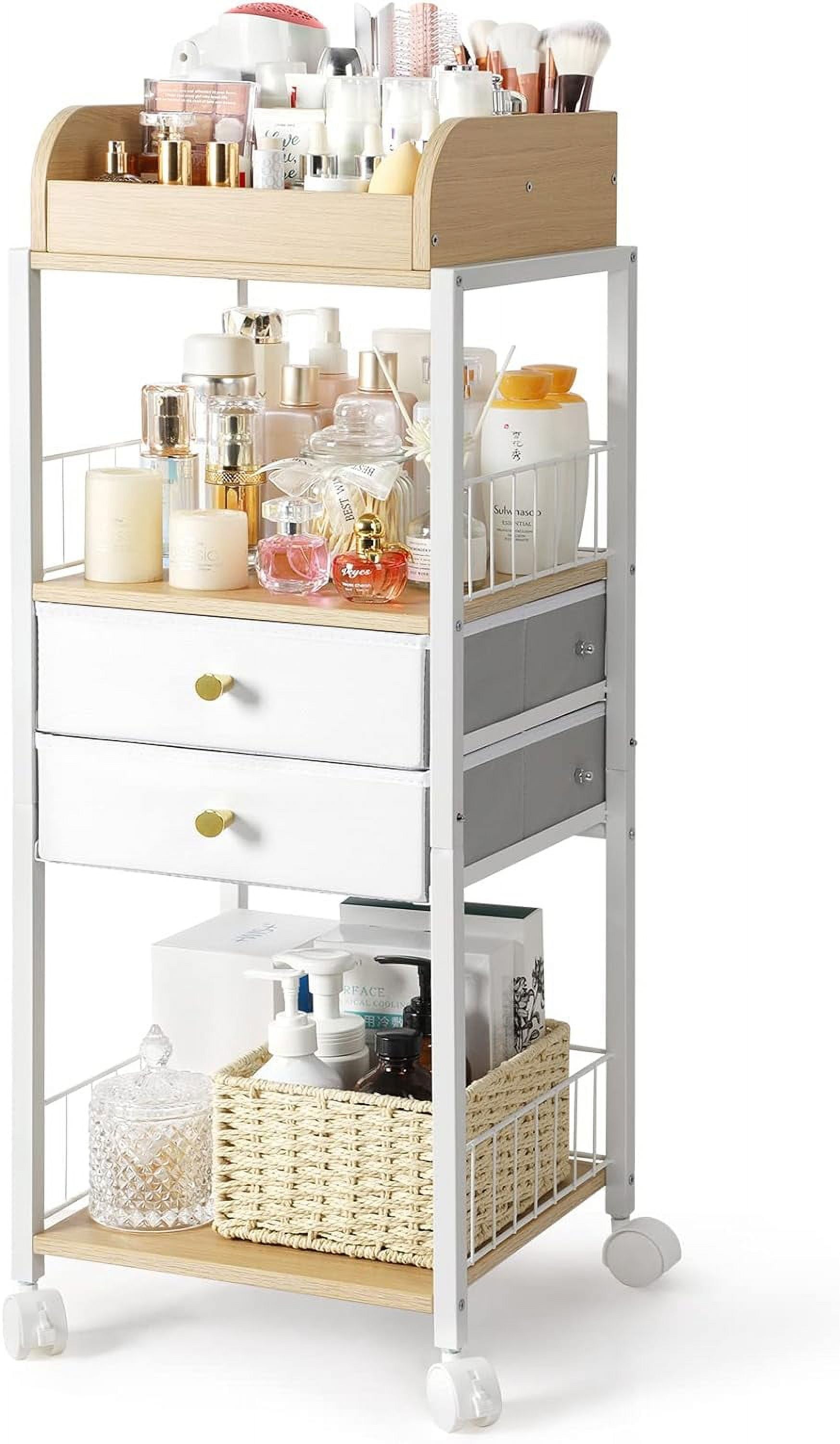 White and Wood Floor Makeup Organizer with Drawers