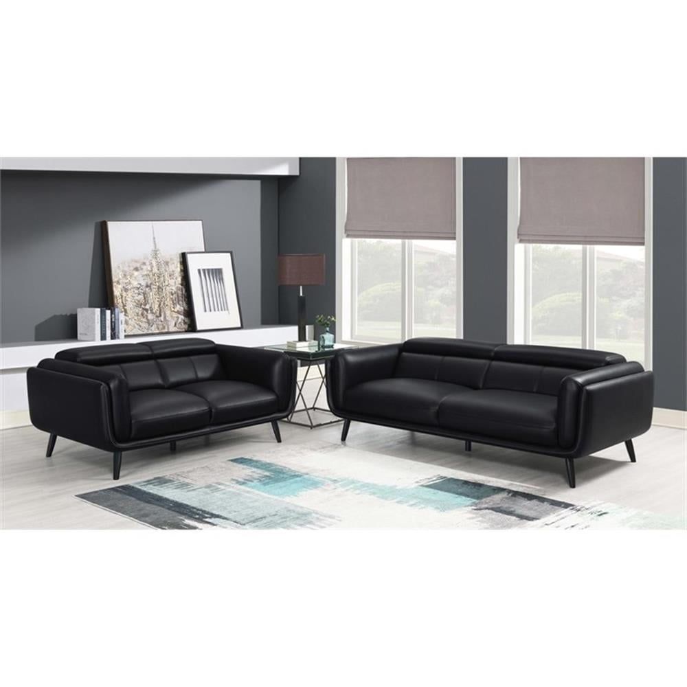 Black Faux Leather 2-Piece Sofa and Loveseat Set with Dark Brown Legs