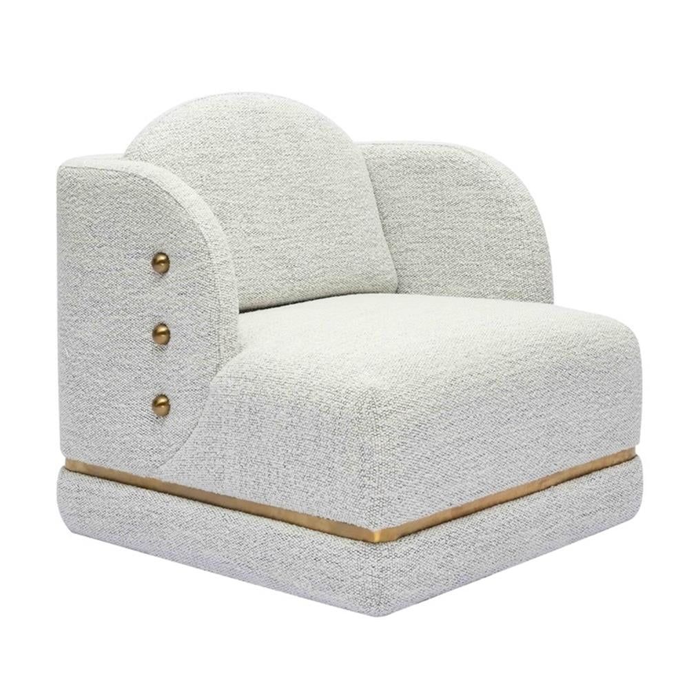 White Chenille Geometric Accent Chair with Brass Accents