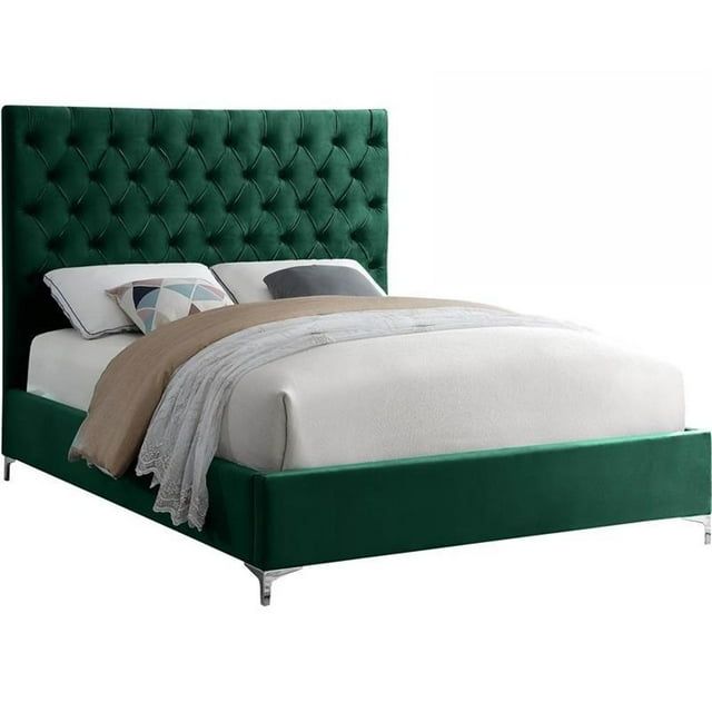 Luxurious Green Velvet King Bed with Tufted Upholstered Headboard