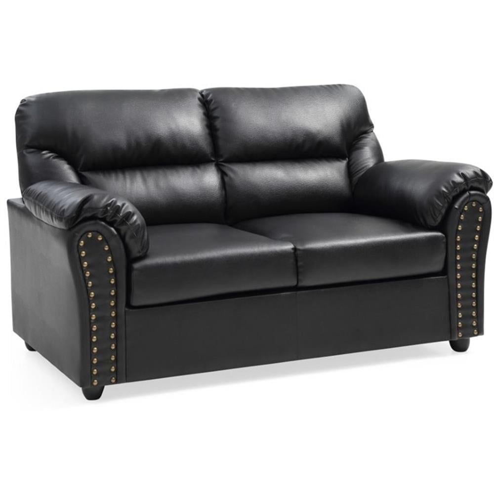 Black Faux Leather Loveseat with Nailhead Trim and Padded Arms