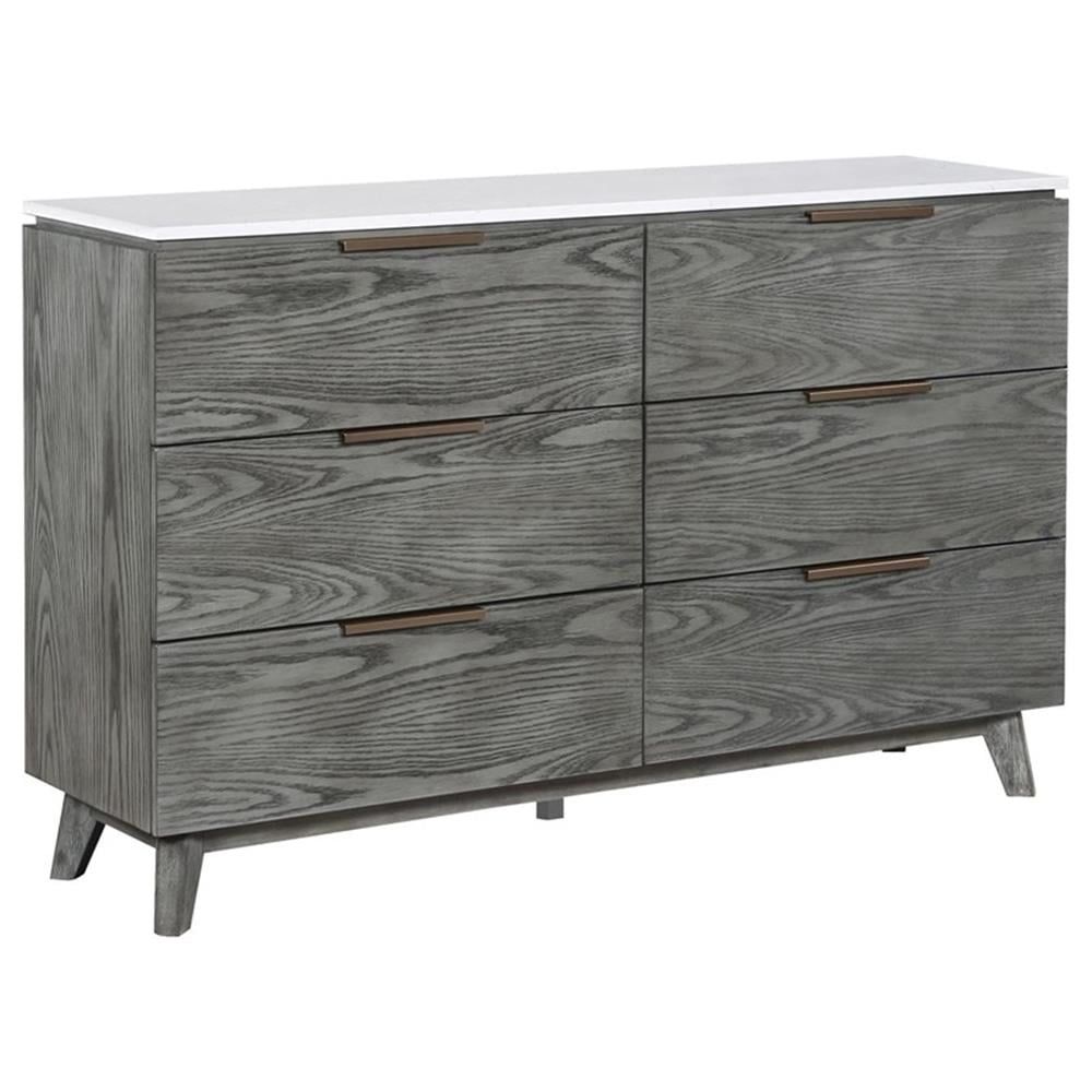 Gray Double Dresser with White Marble Top and Copper Pulls