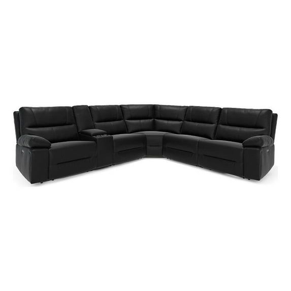 Coal Black Leather Six-Piece Reclining Sectional with Cup Holders