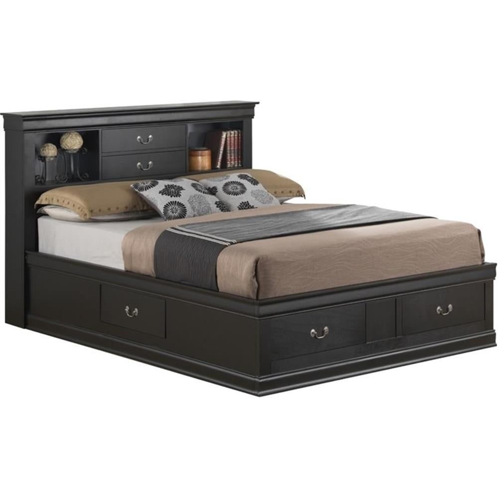 Black Queen Wood Frame Storage Bed with Bookcase Headboard