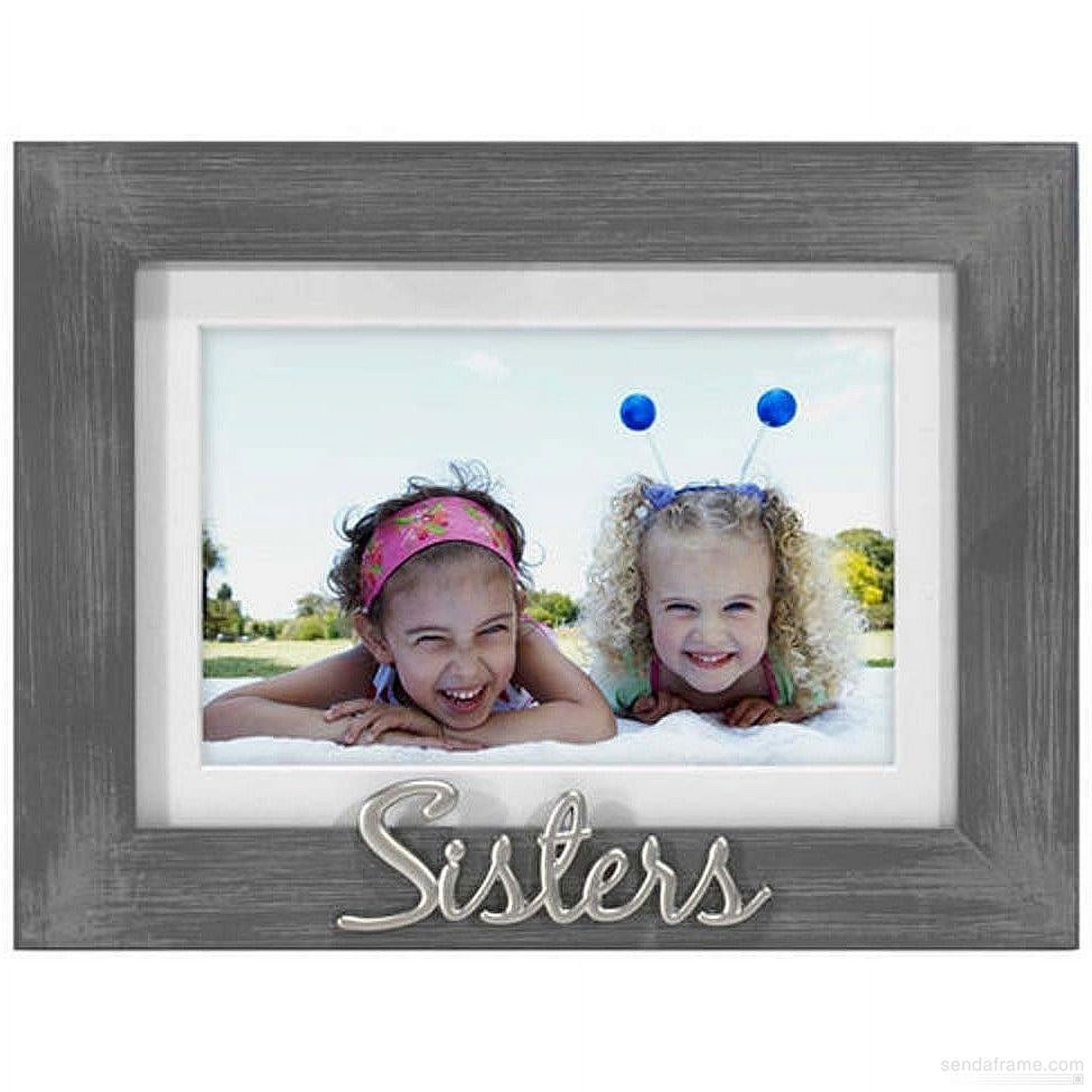 Gray Distressed Wood Sisters Picture Frame with Silver Script