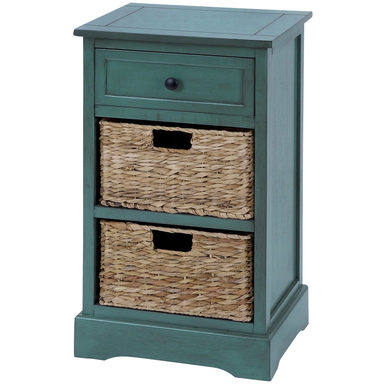 Malibu Teal Wood 3-Drawer Nightstand with Wicker Baskets