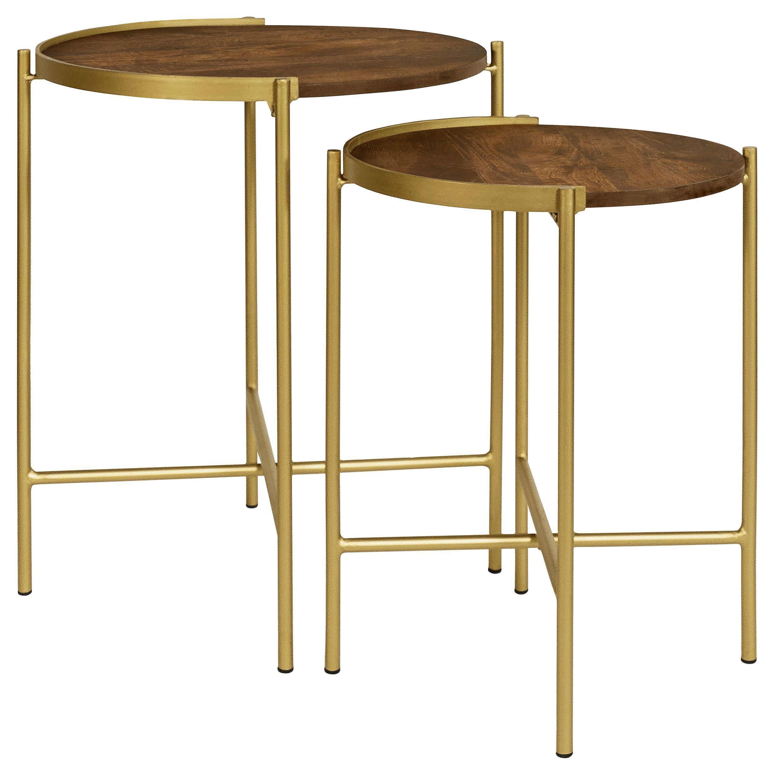 Round Dark Brown and Gold Wood Metal Nesting Tables