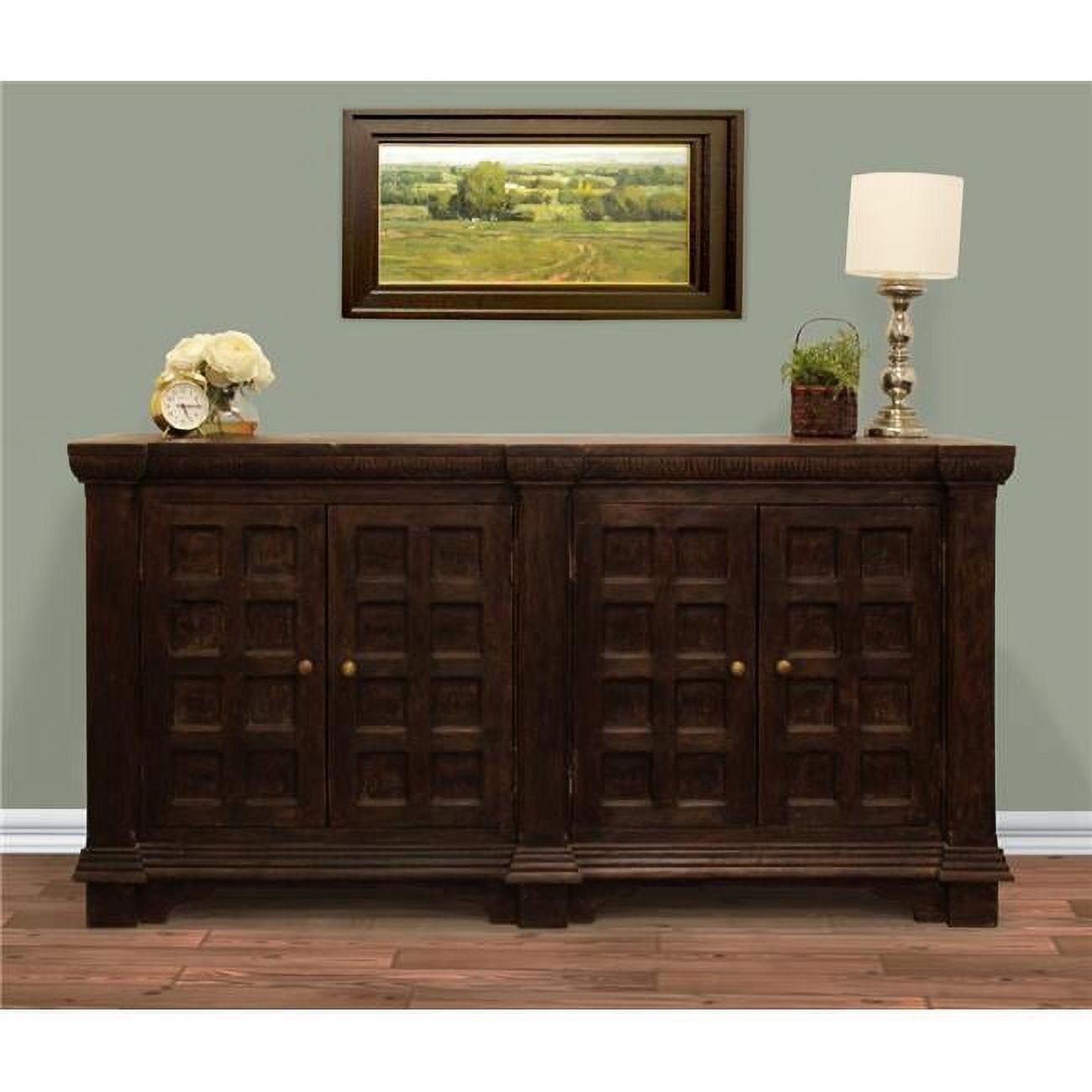 Manag Dark Brown Solid Wood 4-Door Hand-Carved Sideboard