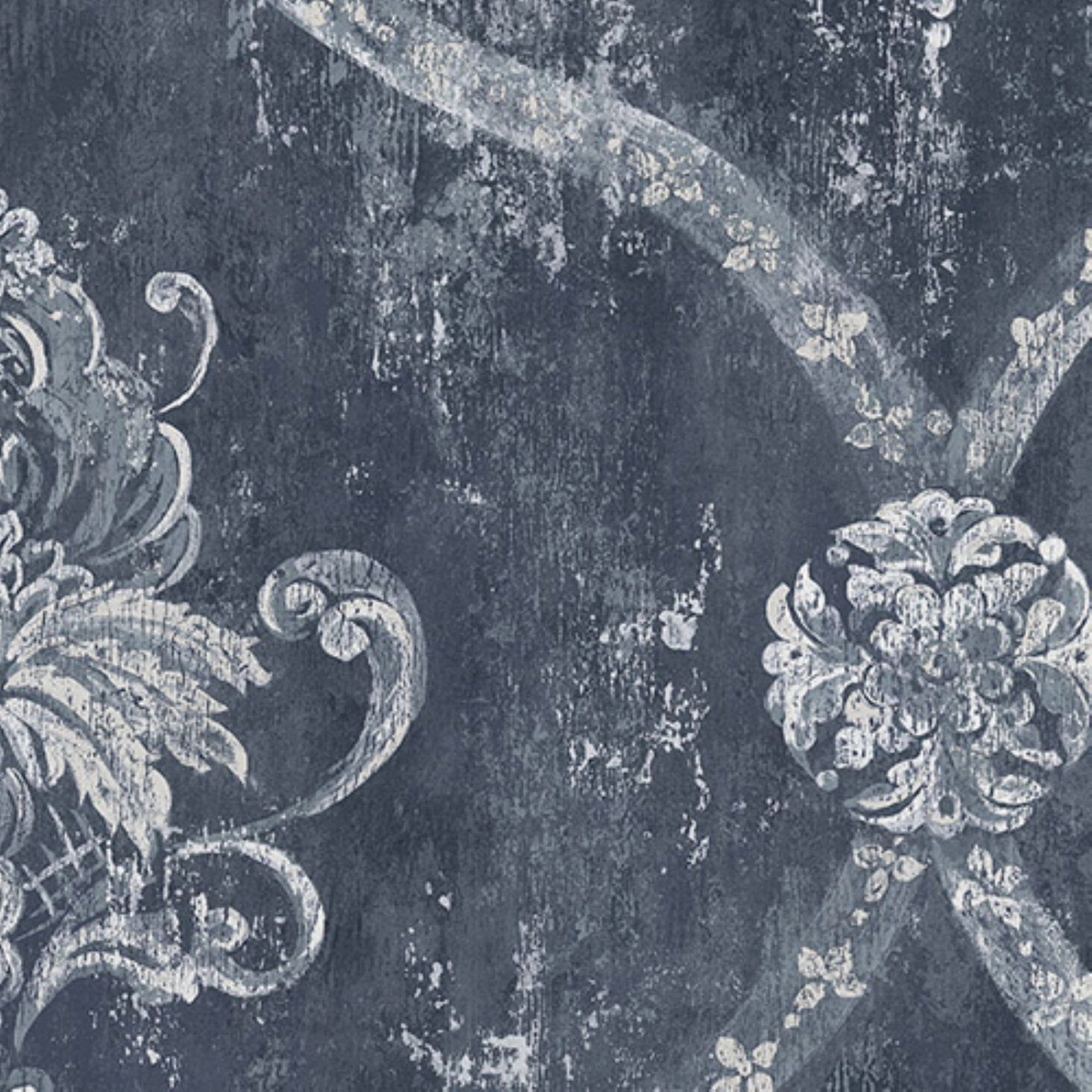 Blue Embossed Damask Pre-pasted Washable Wallpaper