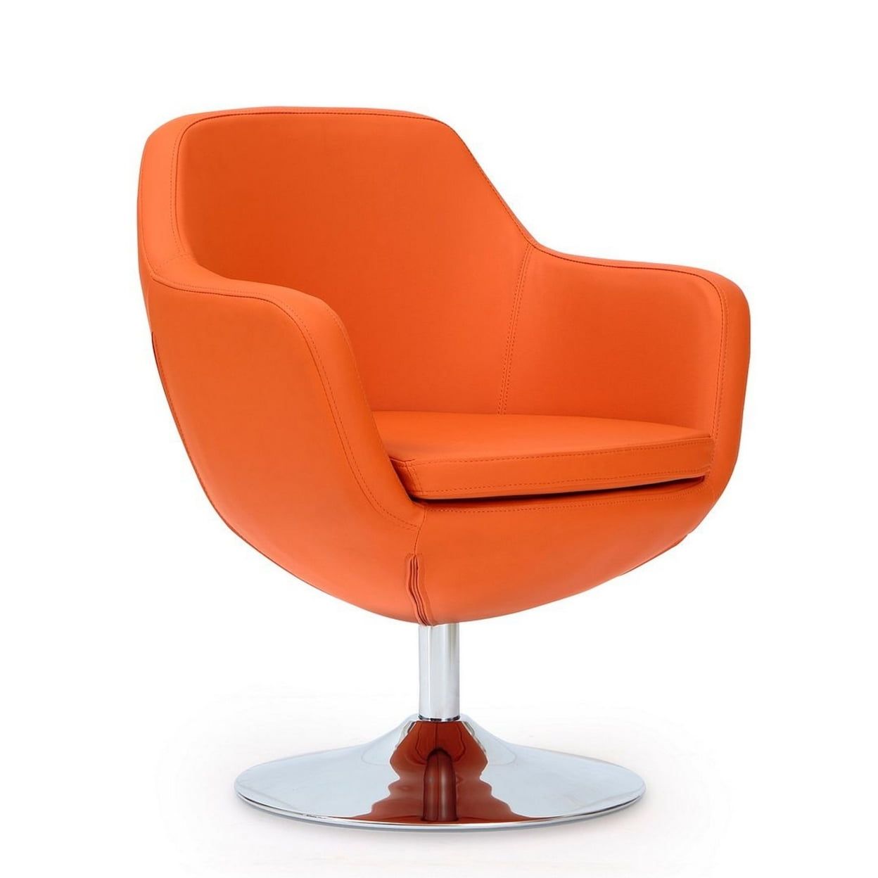 Orange Faux Leather Swivel Barrel Accent Chair with Metal Base