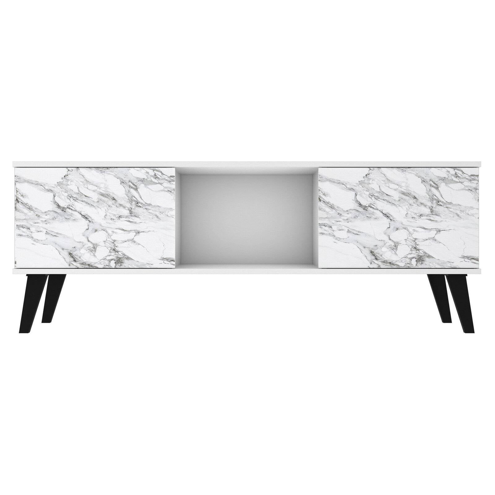 Modern White and Marble 71" TV Stand with Concealed Storage