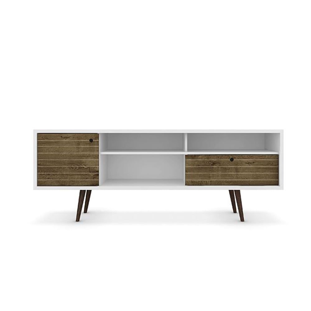 White and Rustic Brown 71" Mid-Century Modern TV Stand with Cabinet