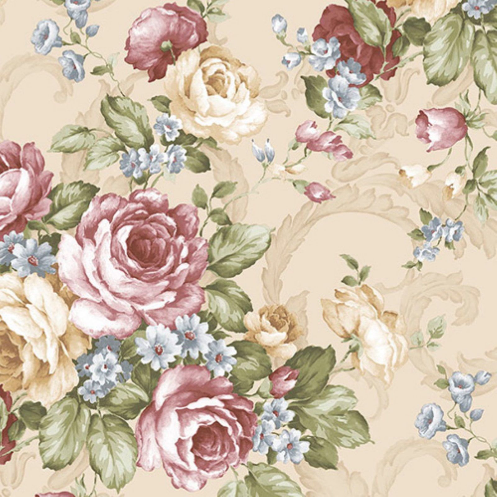 Grand Floral Beige and Pink Vinyl Wallpaper