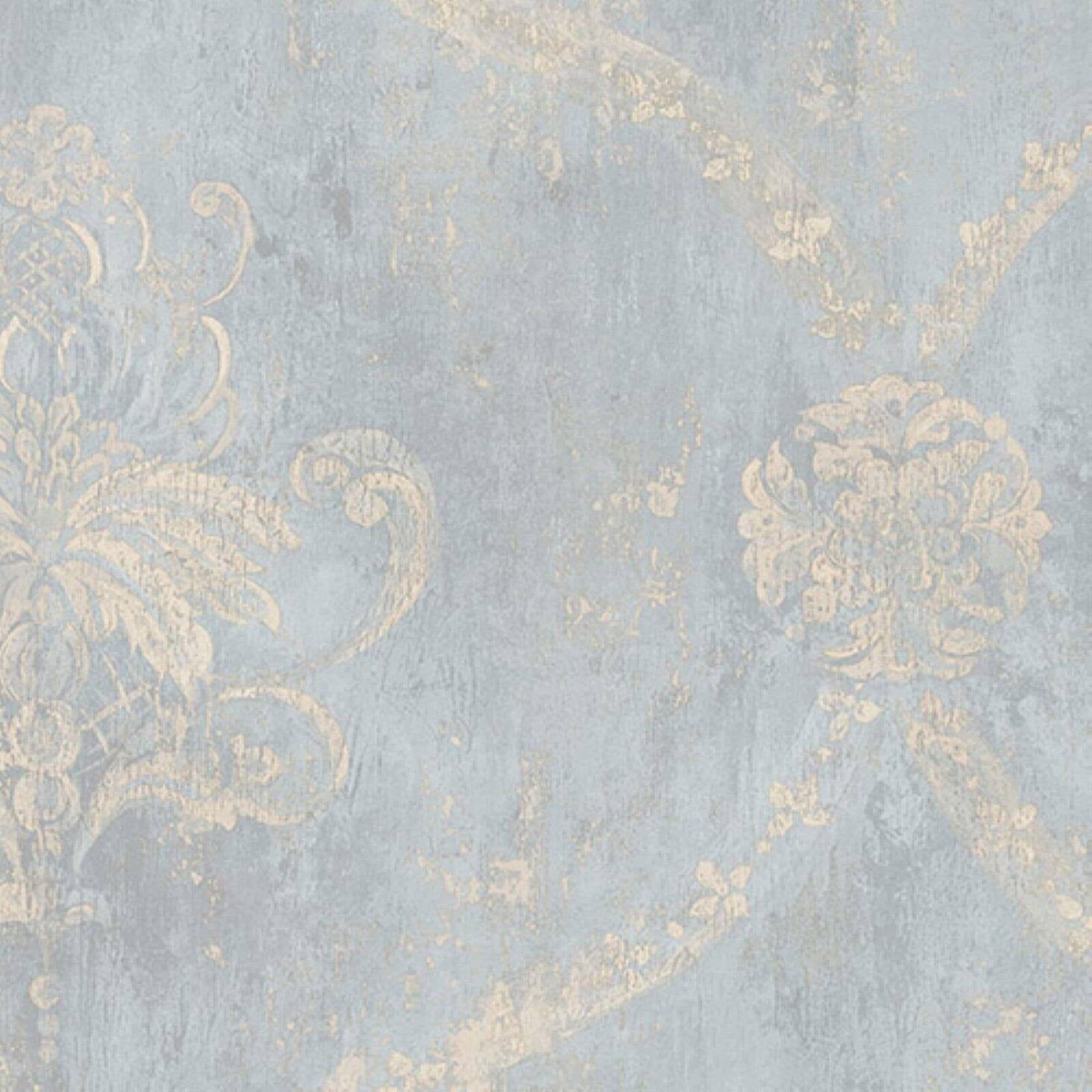 Blue and Beige Embossed Damask Pre-pasted Wallpaper