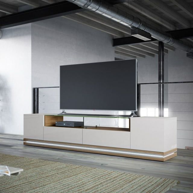 Elegant 91'' Off-White and Maple Cream TV Stand with LED Lighting