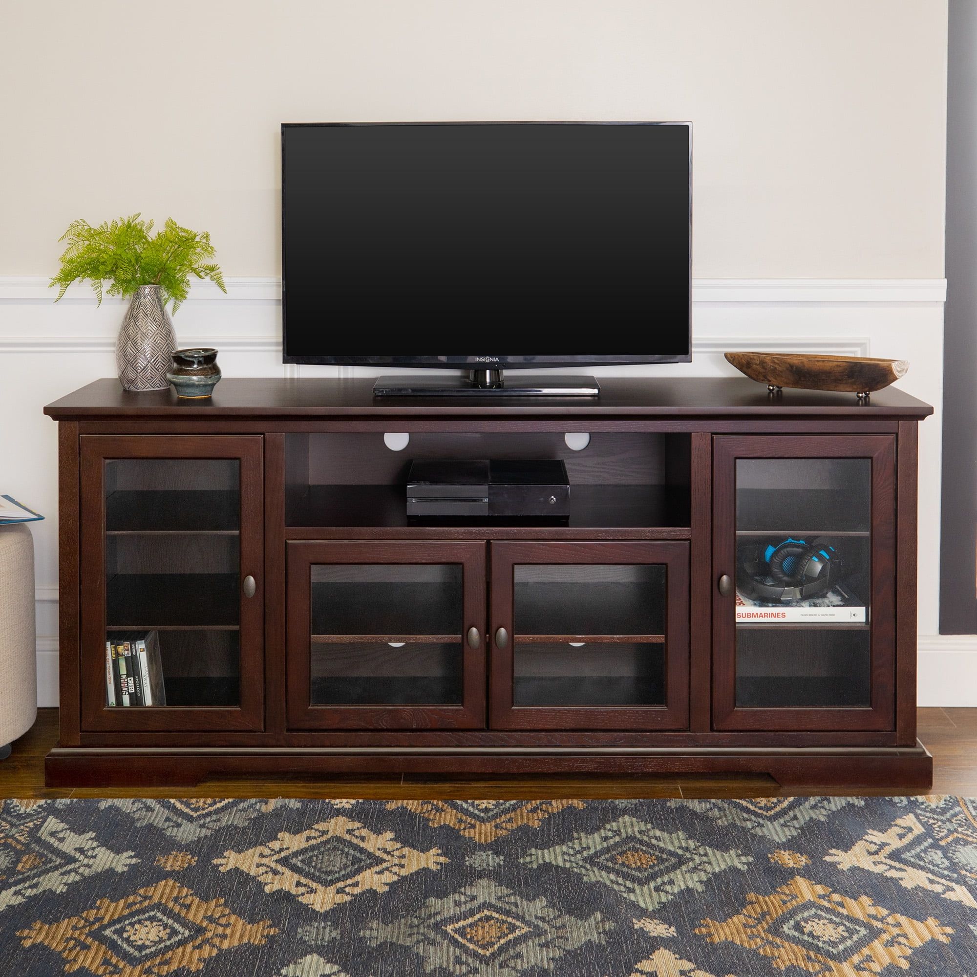 Espresso 70" TV Stand with Glass Cabinets and Shelves