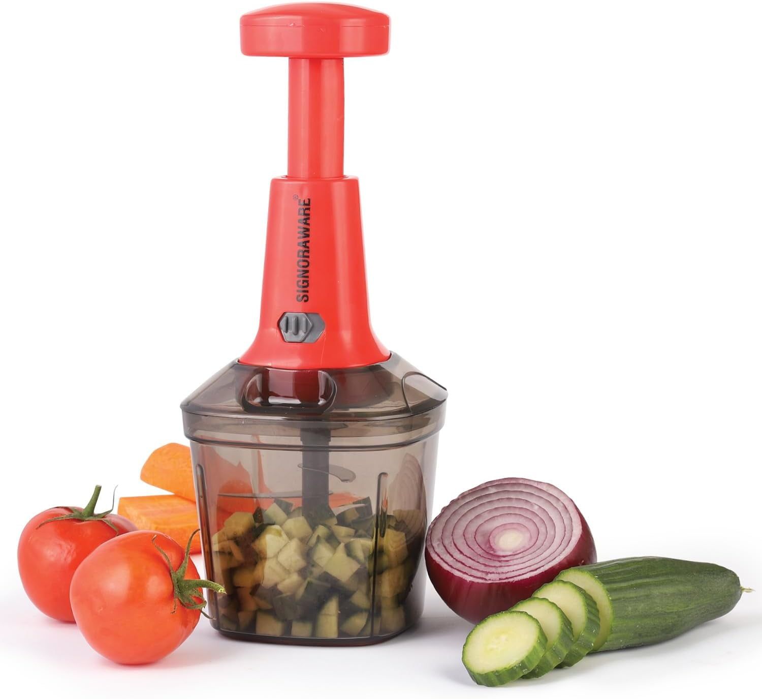 Red and Clear Manual Food Chopper with Stainless Steel Blades