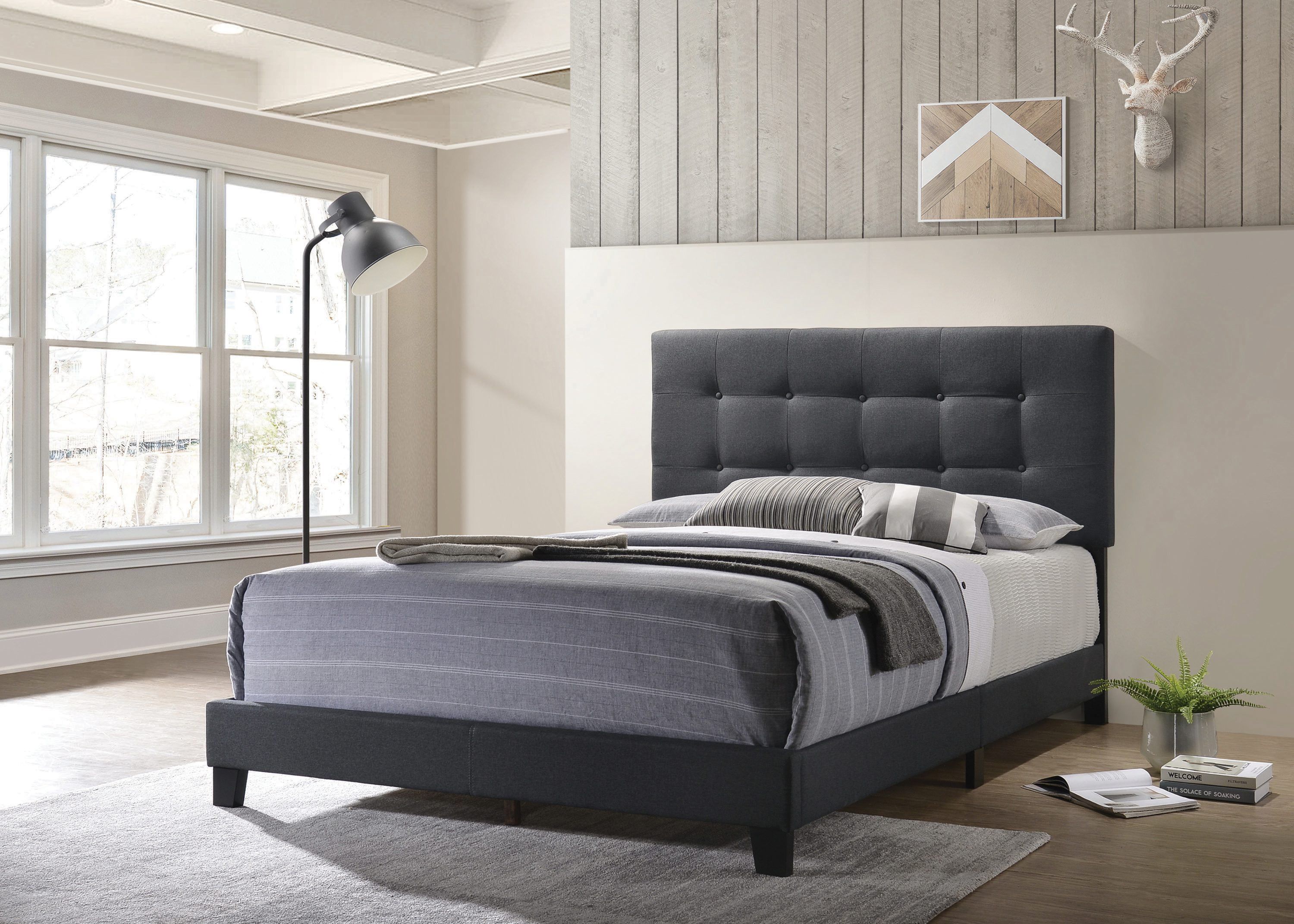 Charcoal Gray Tufted King Bed with Upholstered Headboard