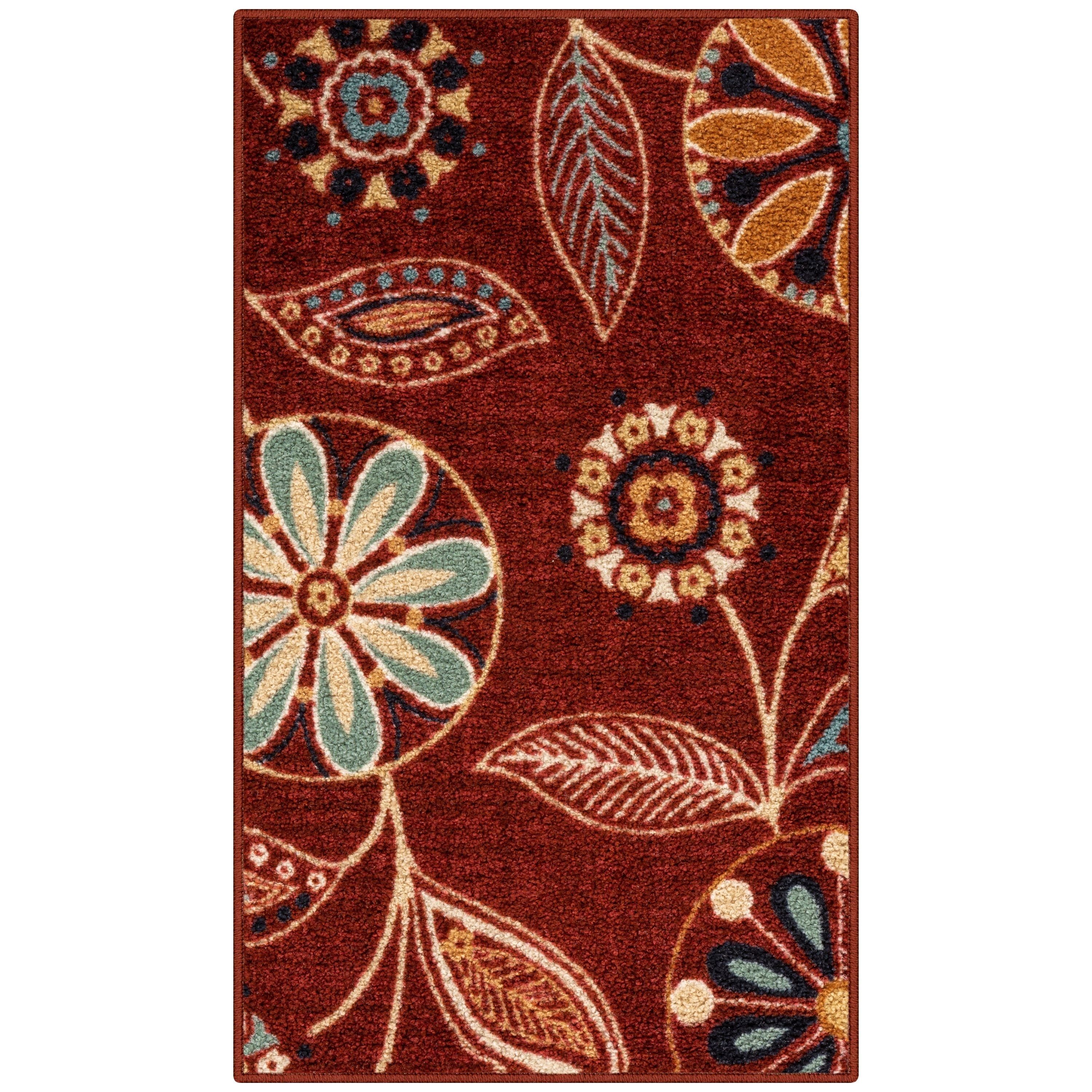 Red Floral Tufted Washable Synthetic Area Rug 2' x 3'