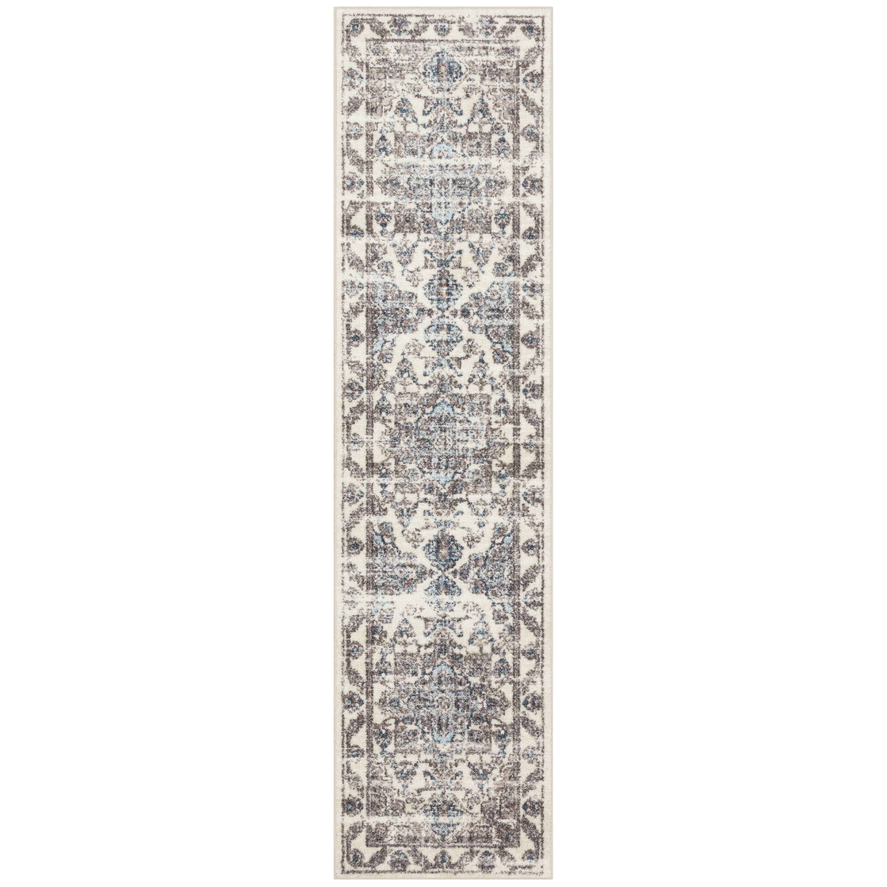 Distressed Blue and Cream Polyester Runner Rug, 2'6" x 10'