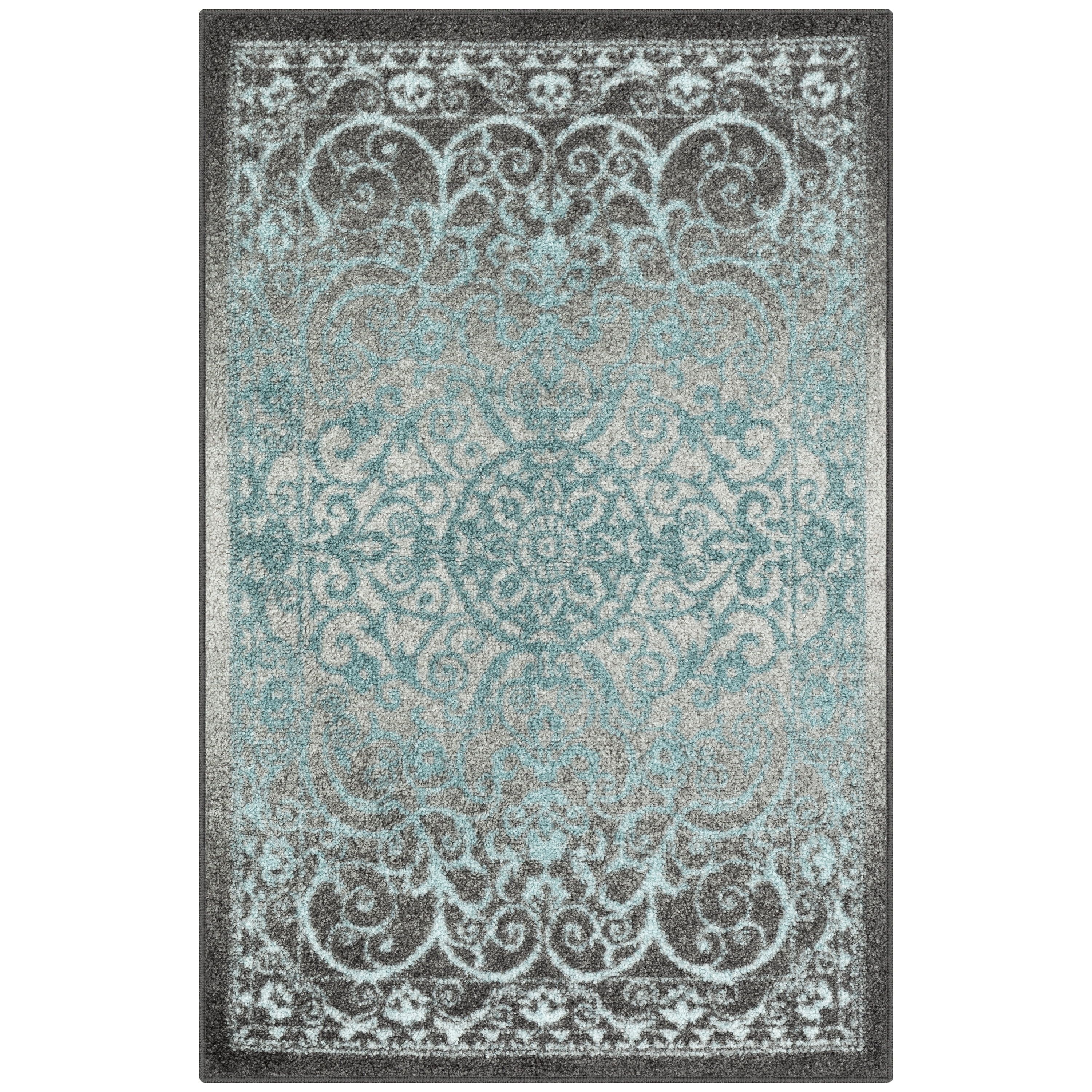 Vintage Scroll Grey Blue Synthetic Washable Accent Rug 20"x17"