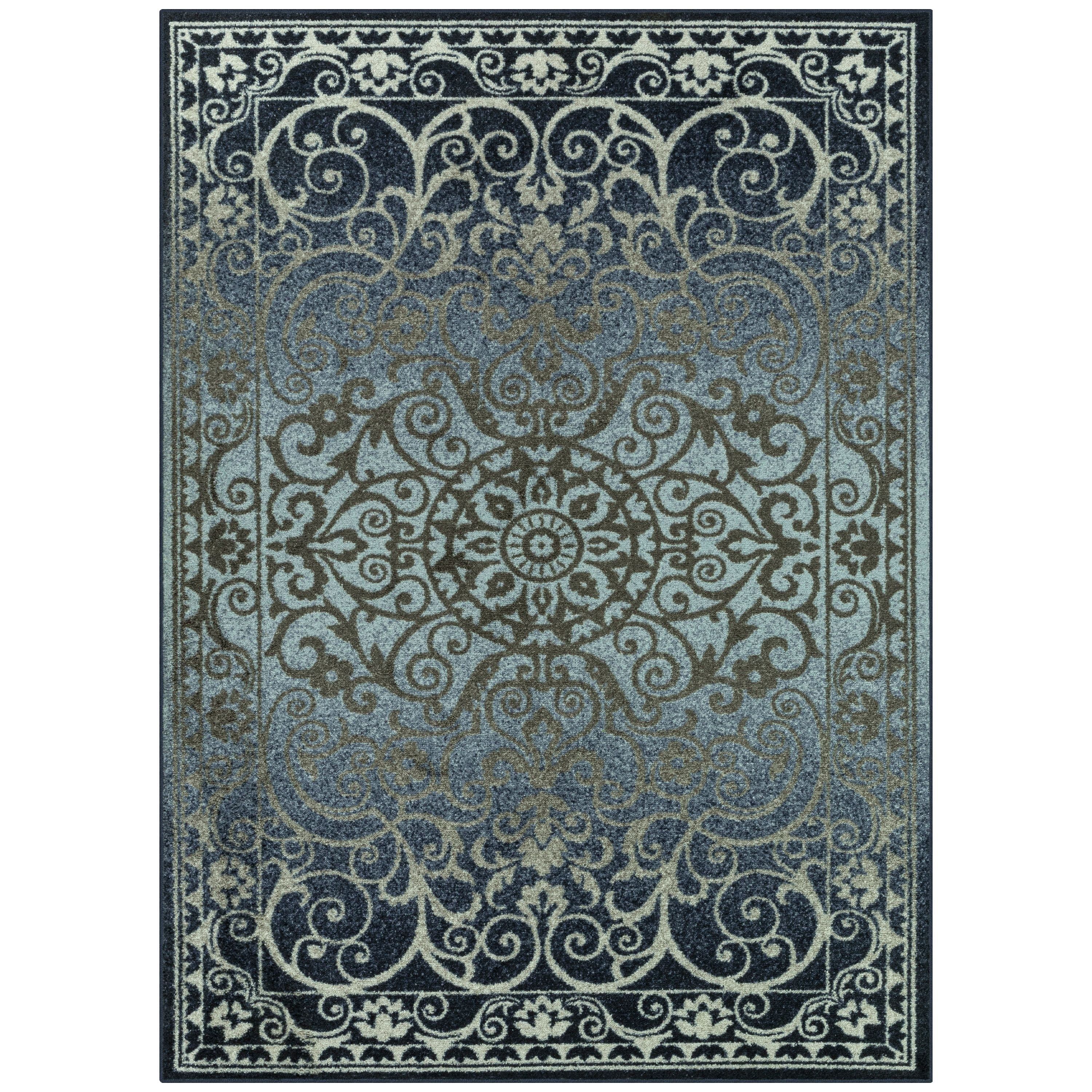 Navy and Grey Vintage Medallion Low Pile Area Rug