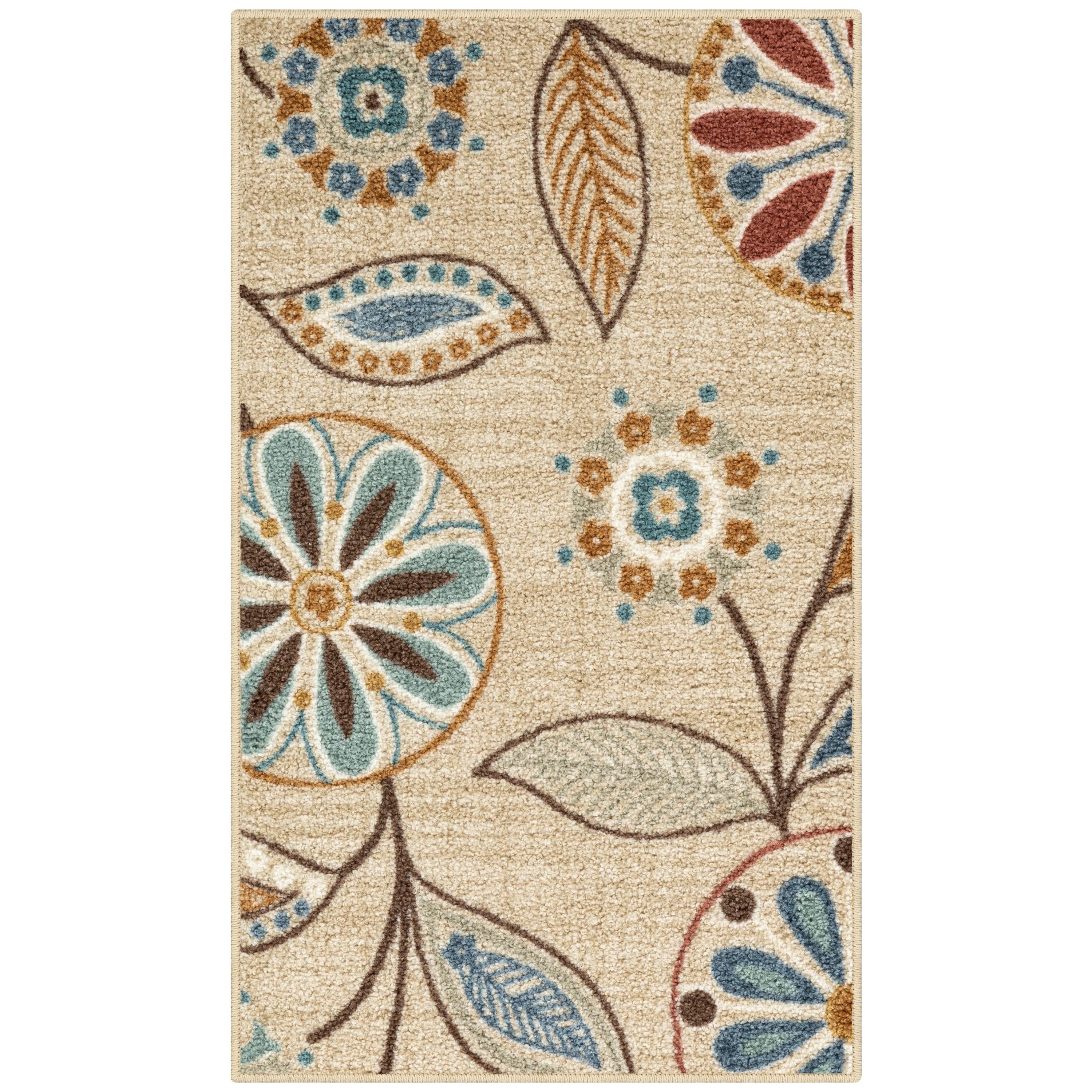 Beige Floral Tufted Washable Rectangular Rug