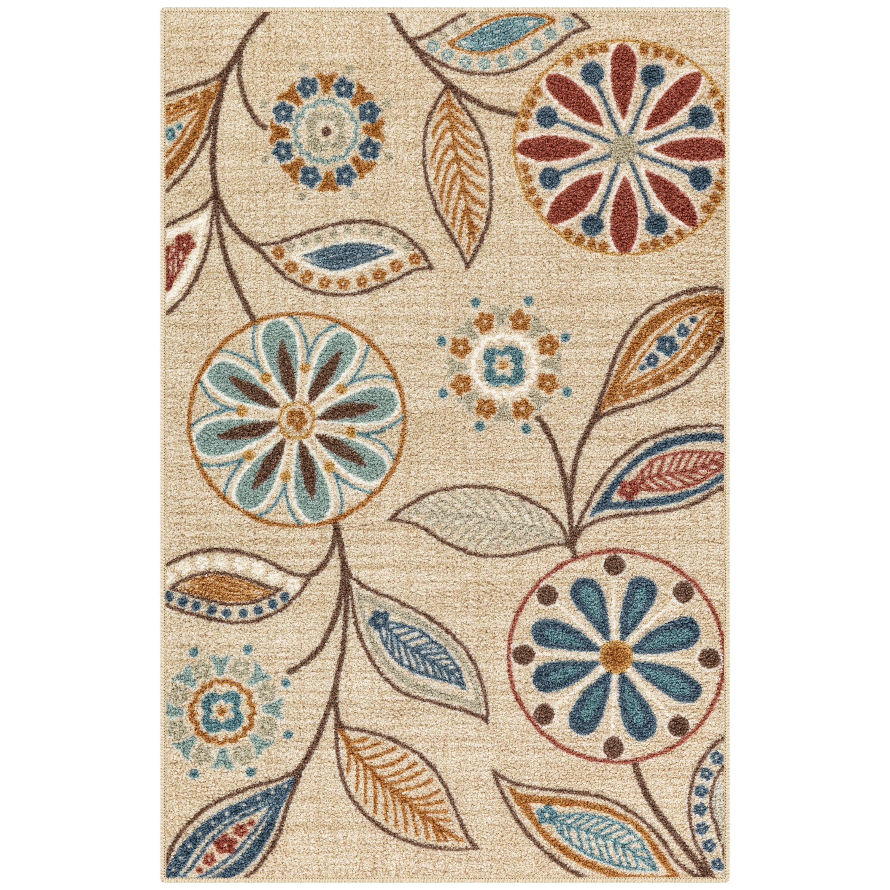 Beige Floral Rectangular Washable Synthetic Rug 3 x 4