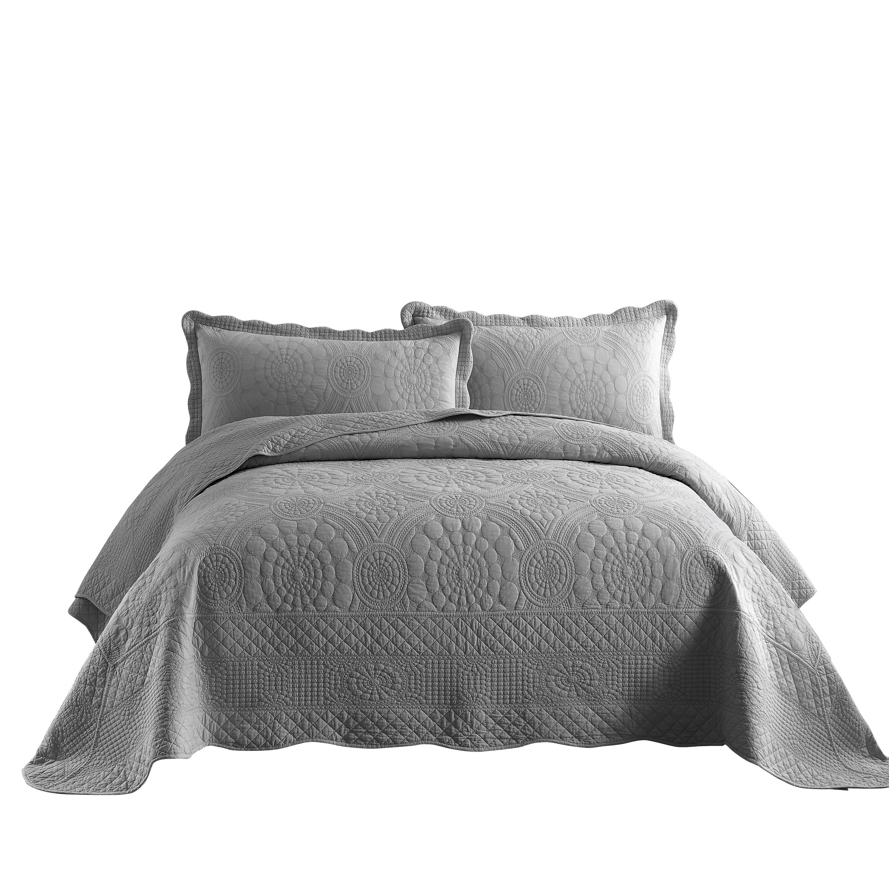 Light Grey Cotton Queen Oversized Quilt Bedspread Set