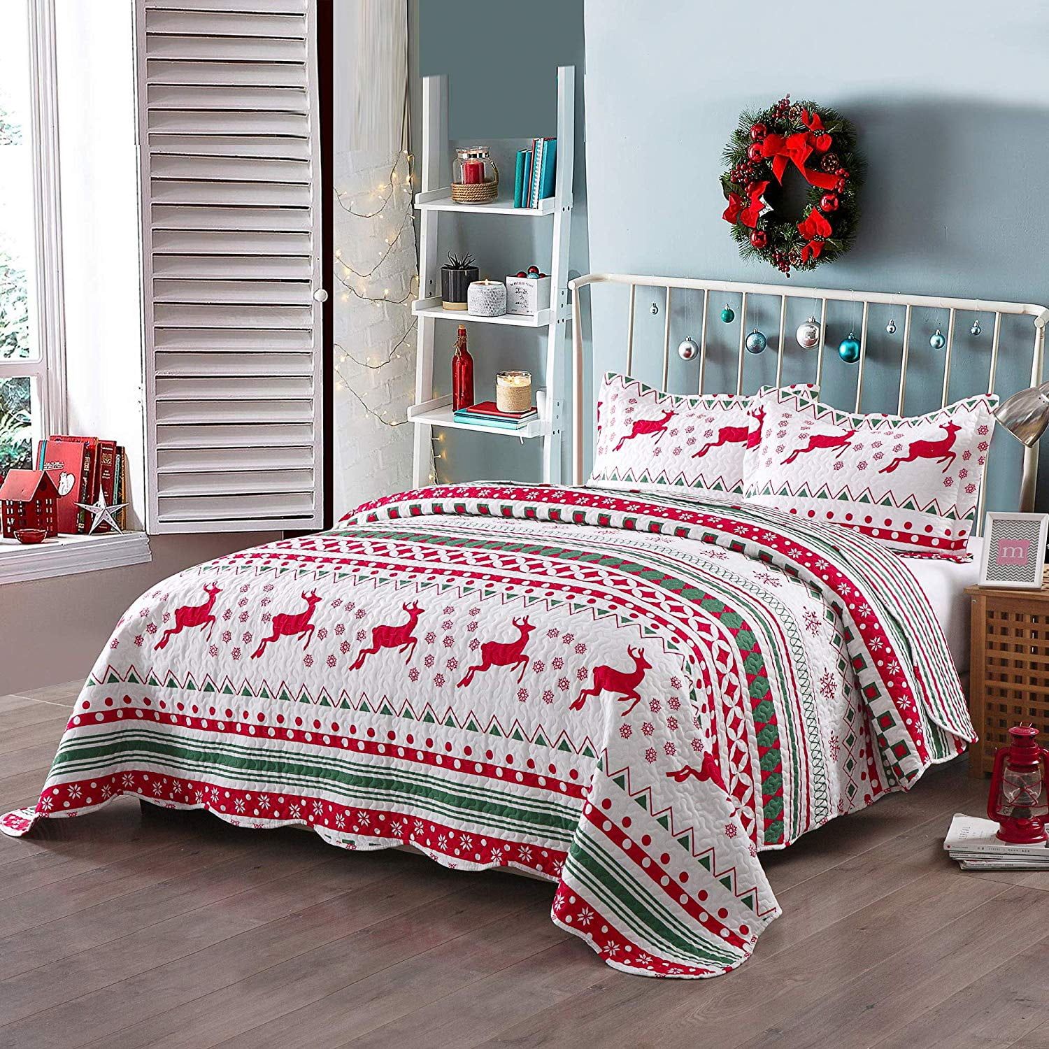 King Pink Microfiber Christmas Quilt Set with Reindeer Pattern