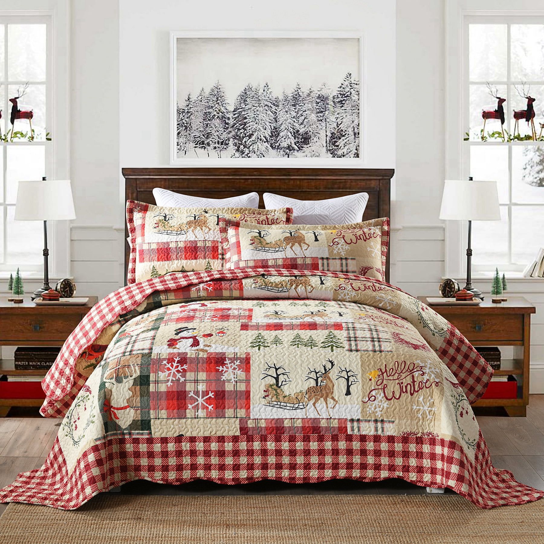 Queen Red Microfiber Christmas Quilt Set with Pillow Shams