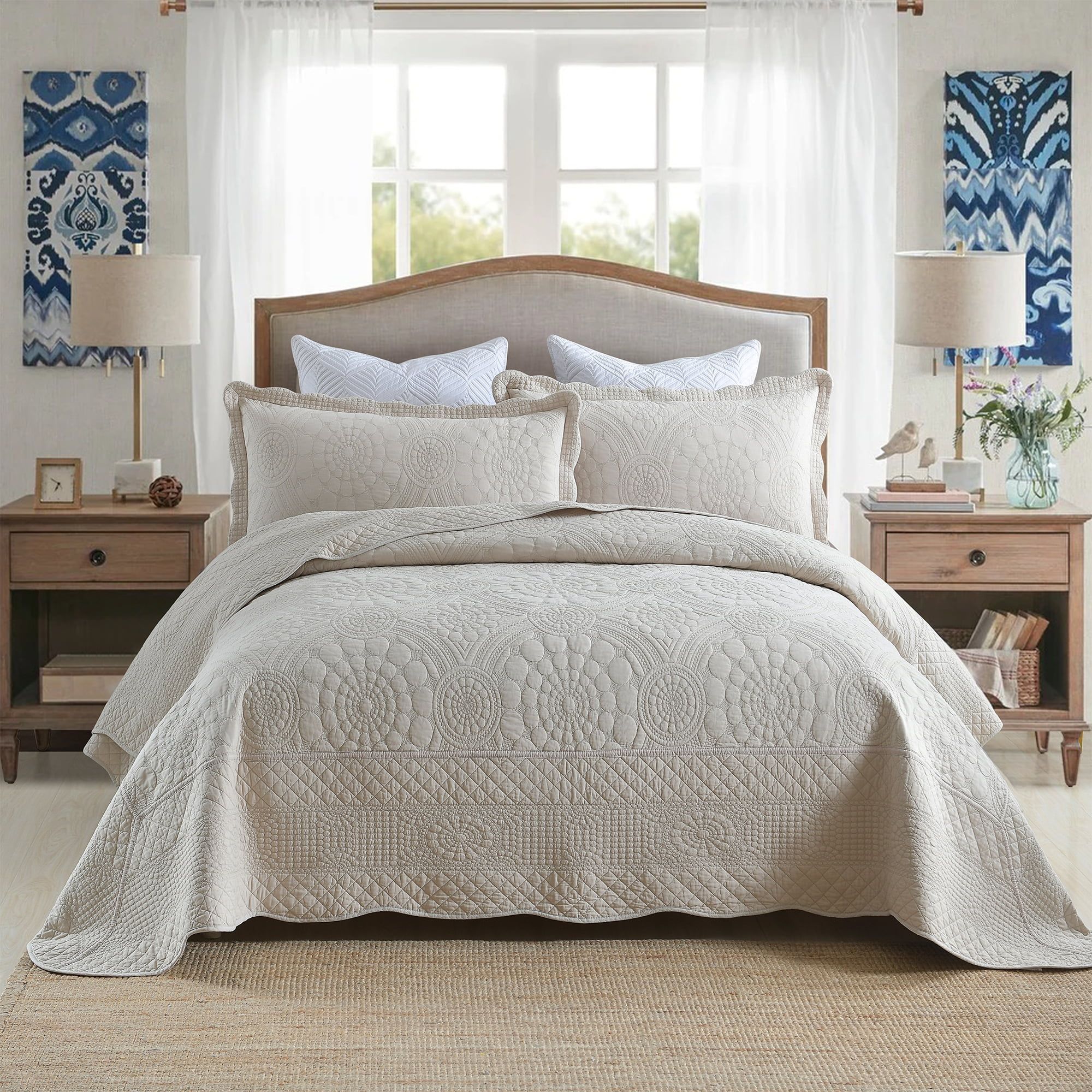 Khaki King Cotton Textured Floral Quilt Bedspread Set