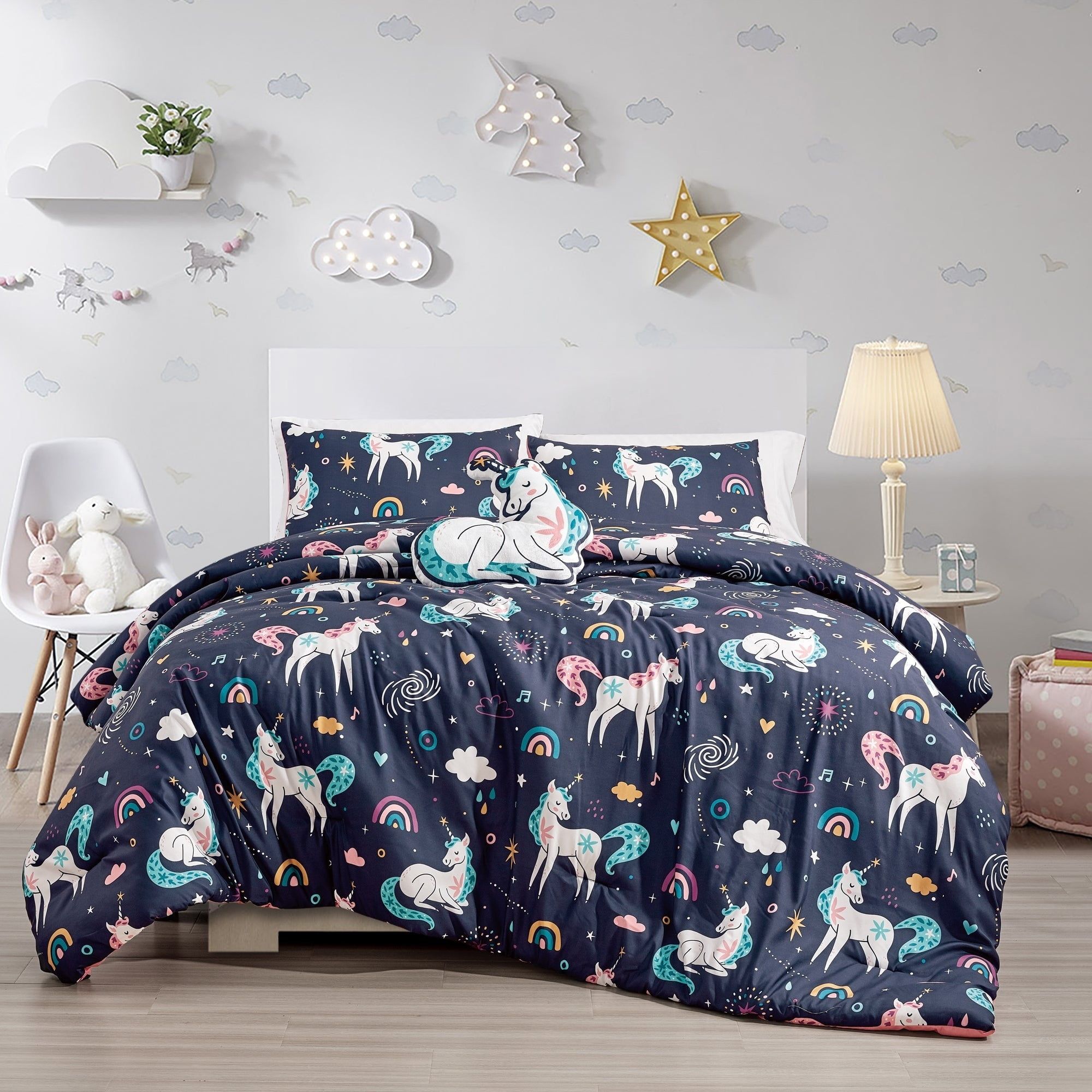 Full Blue Microfiber Kids Unicorn Comforter Set