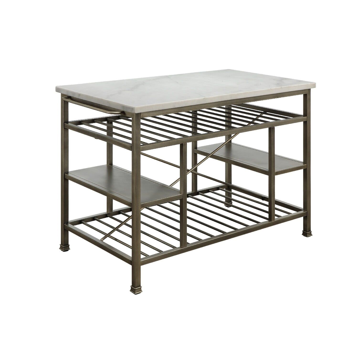 Elegant Gunmetal and White Marble Kitchen Island with Slated Shelves