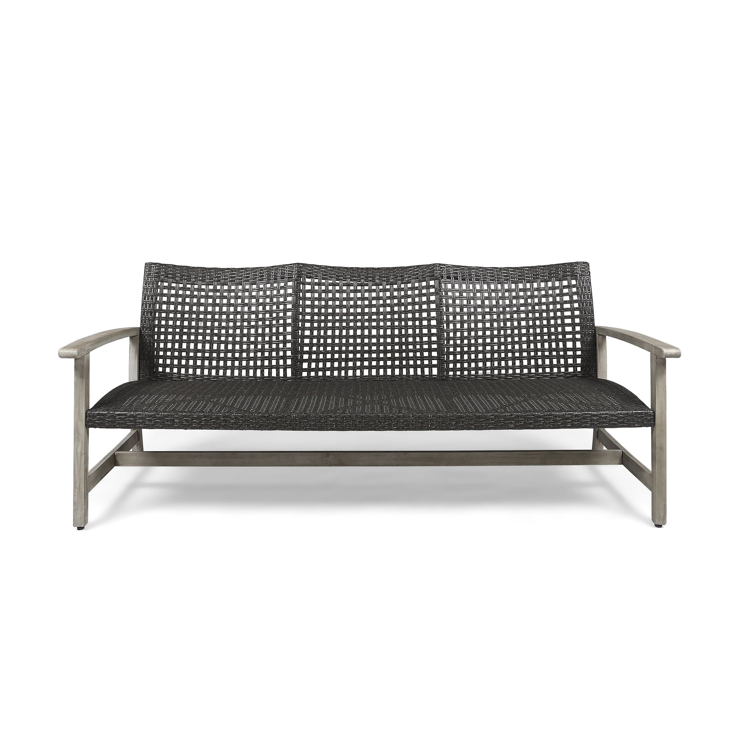 Marcia Light Gray Wood and Black Wicker Three-Seat Outdoor Sofa