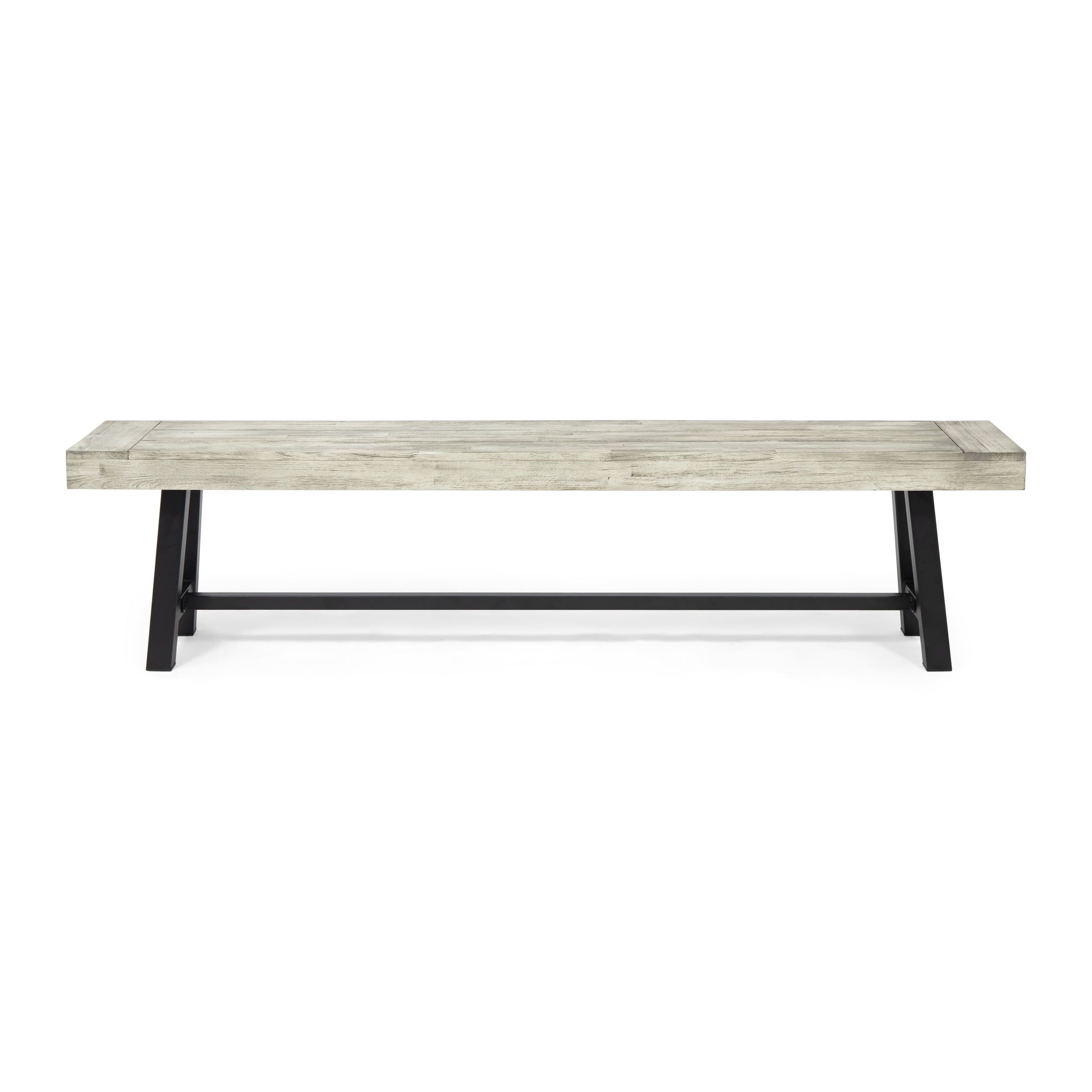 Sandblast Light Gray Acacia Wood Outdoor Bench with Black Metal Legs