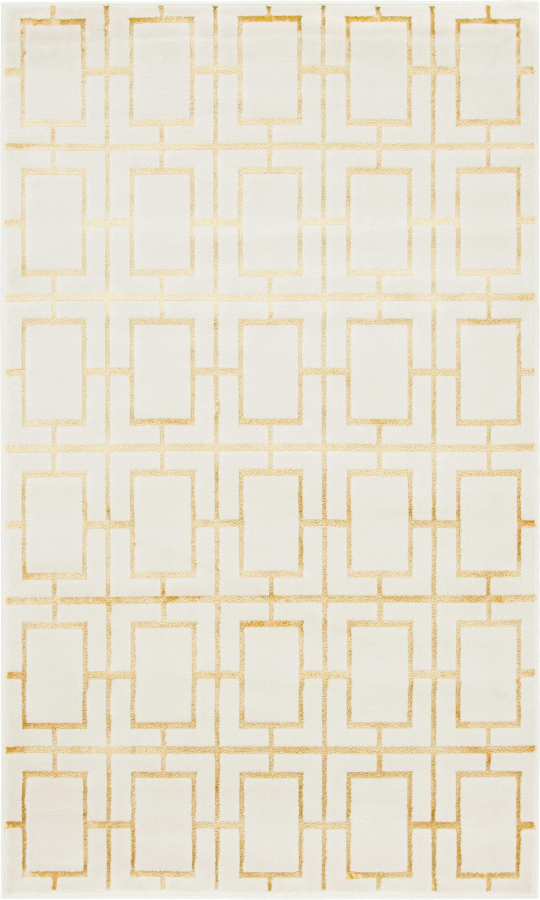 Rectangular White and Gold Geometric Stain-Resistant Area Rug