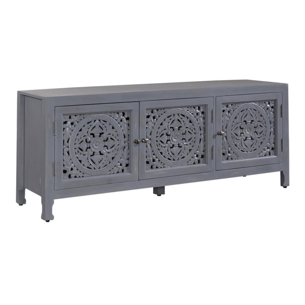 Marisol Gray 65" Mango Wood Boho TV Stand with Carved Doors