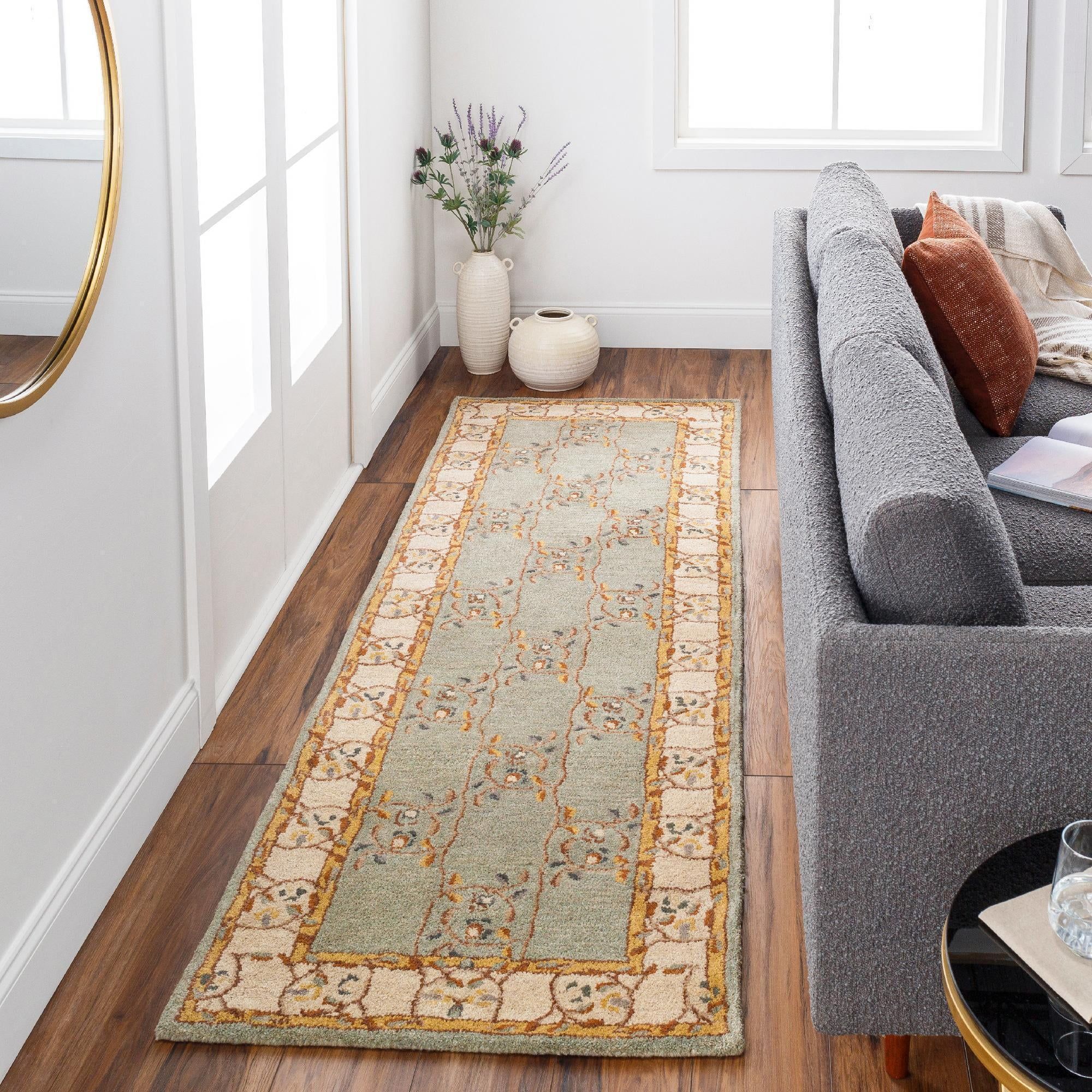 Handmade Gray and Mustard Wool Runner Rug, 3' x 12'